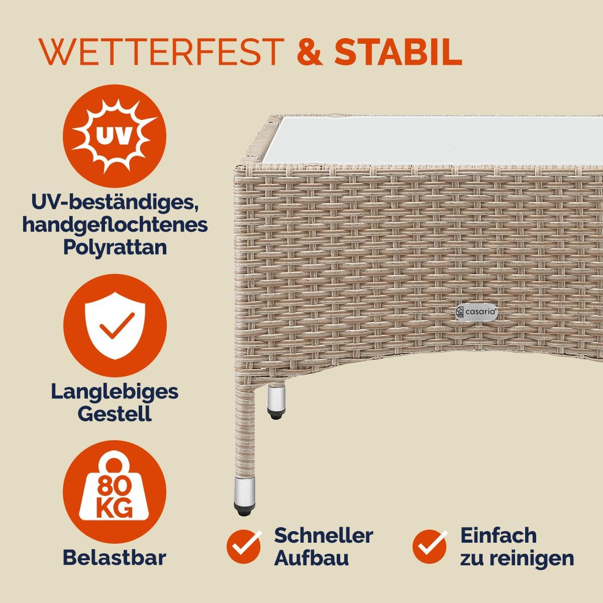 Casaria® Polyrattan Beistelltisch 58x 58x 42 cm Höhenverstellbare Füße 5mm Sicherheitsglas Wetterfest Gartentisch Balkontisch Kaffeetisch Outdoor Creme — Ansicht 4
