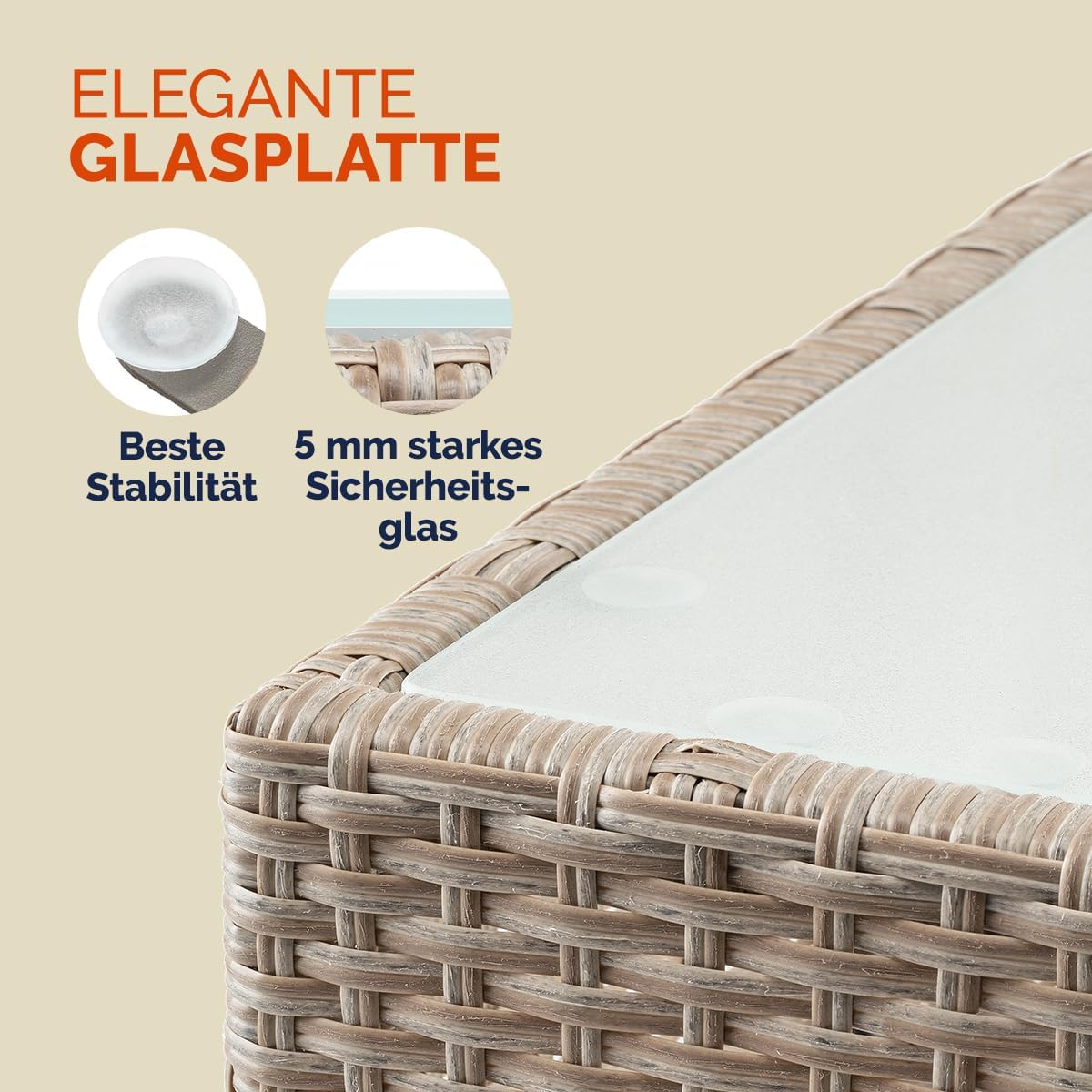 Casaria® Polyrattan Beistelltisch 58x 58x 42 cm Höhenverstellbare Füße 5mm Sicherheitsglas Wetterfest Gartentisch Balkontisch Kaffeetisch Outdoor Creme — Ansicht 5
