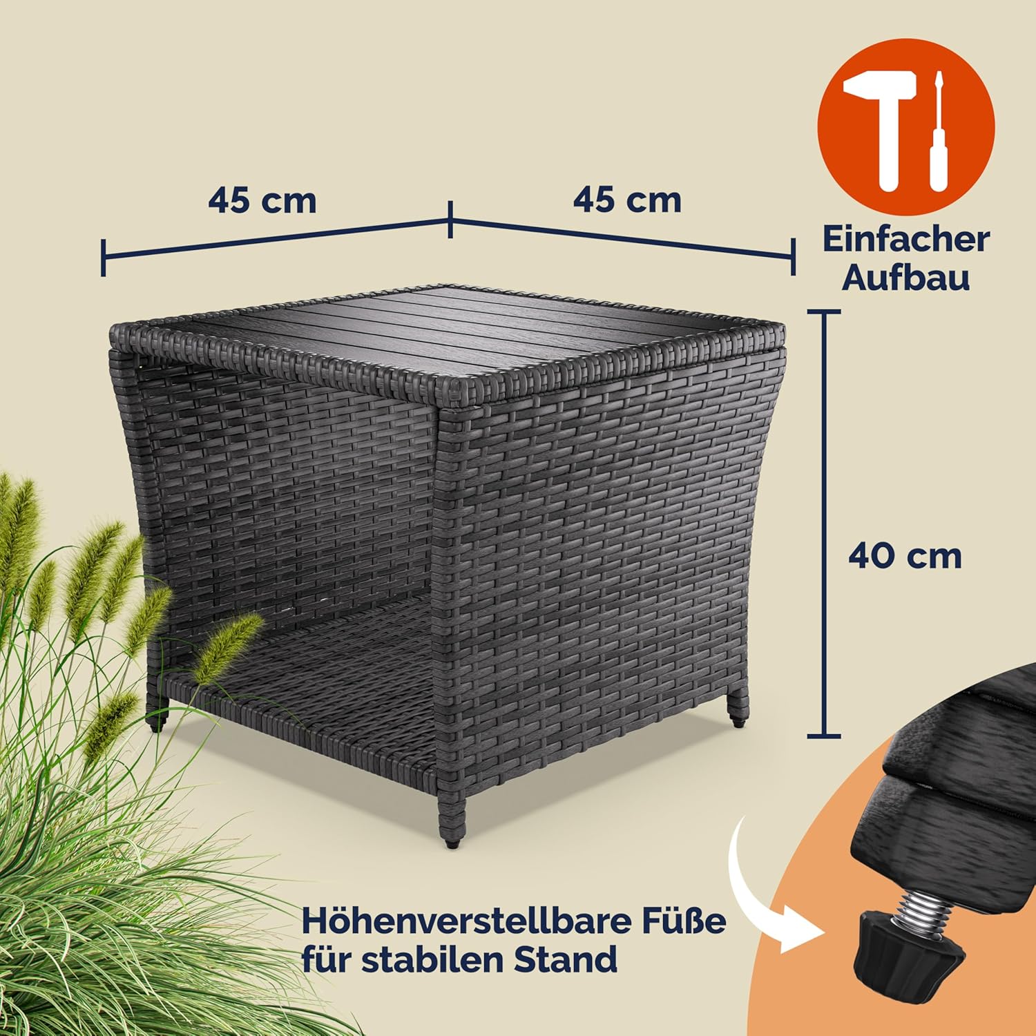 Casaria® Polyrattan Beistelltisch mit WPC Tischplatte 45x45x40 cm 80 kg Belastbarkeit Wetterfest Outdoor Garten Terrasse Balkon Tisch Gartenmöbel Grau — Ansicht 2