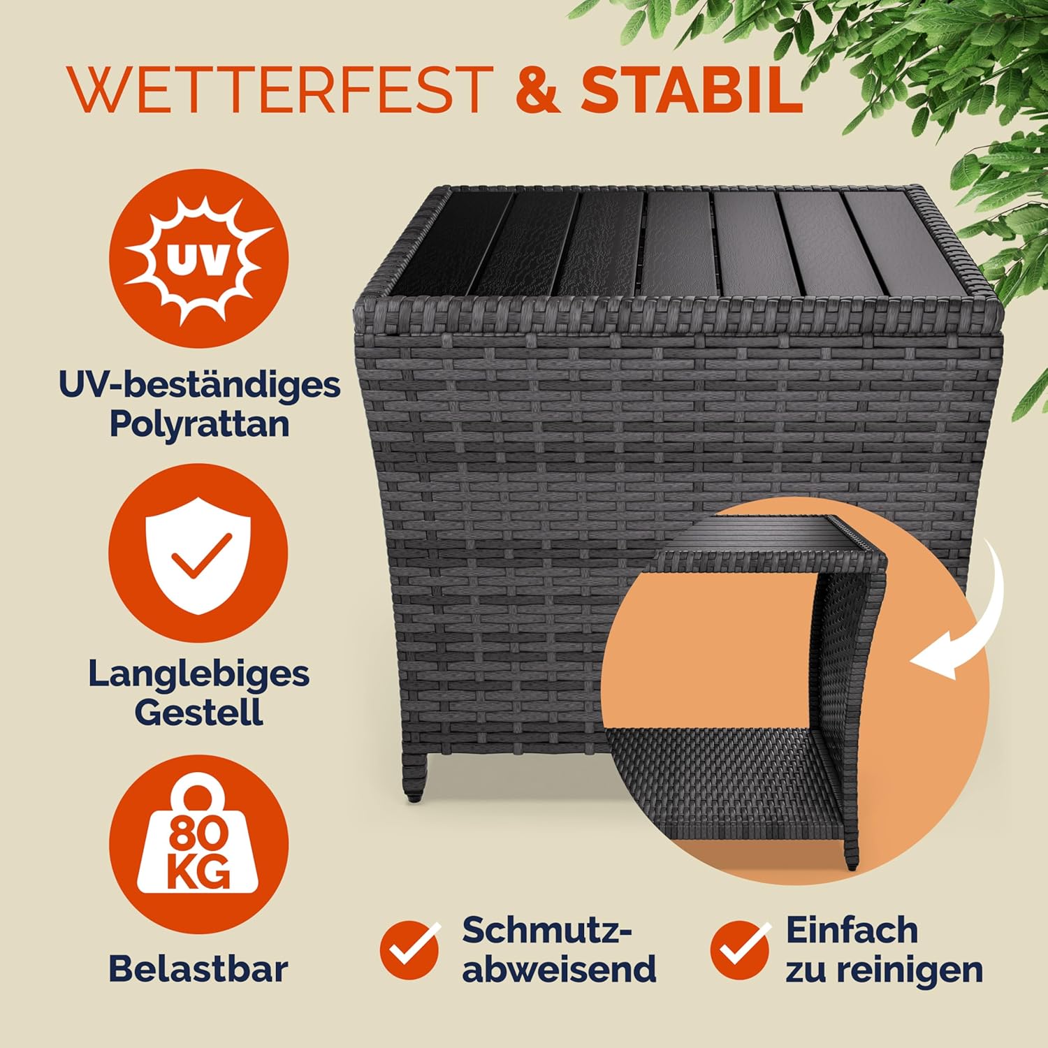 Casaria® Polyrattan Beistelltisch mit WPC Tischplatte 45x45x40 cm 80 kg Belastbarkeit Wetterfest Outdoor Garten Terrasse Balkon Tisch Gartenmöbel Grau — Ansicht 3
