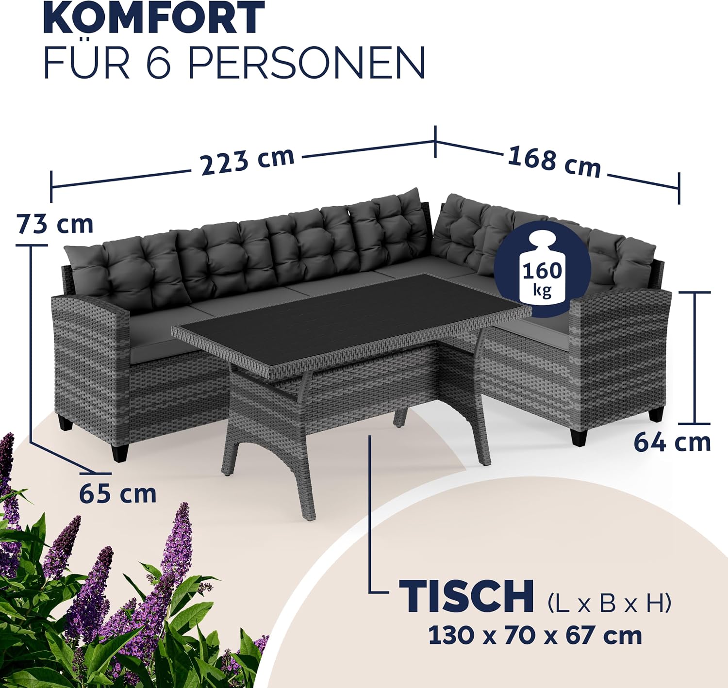 Casaria® Polyrattan Ecklounge Set WPC Esstisch Ecksofa inkl. 7 cm Sitzauflagen 15 cm Kissen Wetterfest Outdoor Lounge Garten Terrasse Balkon Möbel Grau — Ansicht 3