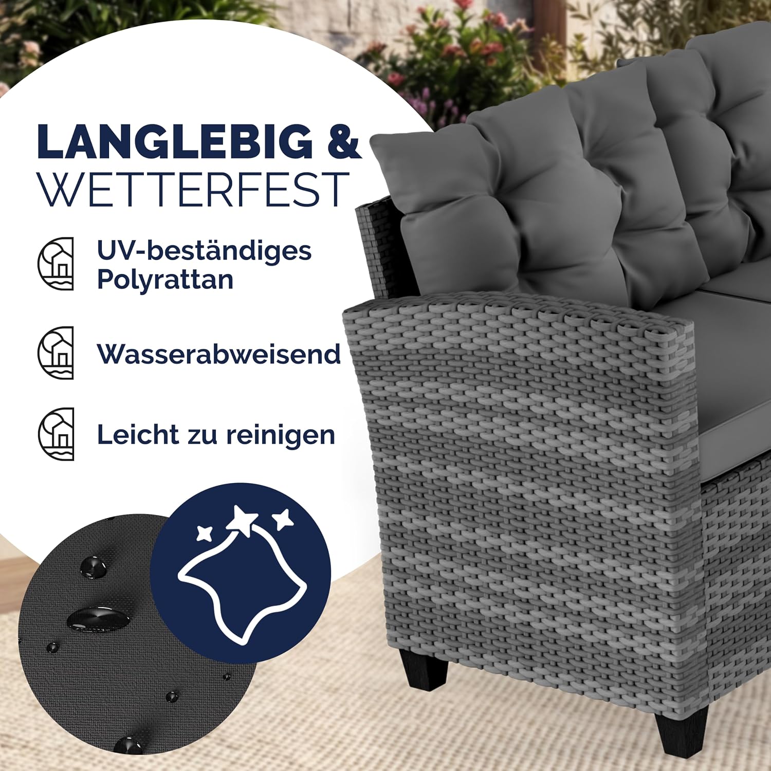 Casaria® Polyrattan Ecklounge Set WPC Esstisch Ecksofa inkl. 7 cm Sitzauflagen 15 cm Kissen Wetterfest Outdoor Lounge Garten Terrasse Balkon Möbel Grau — Ansicht 4