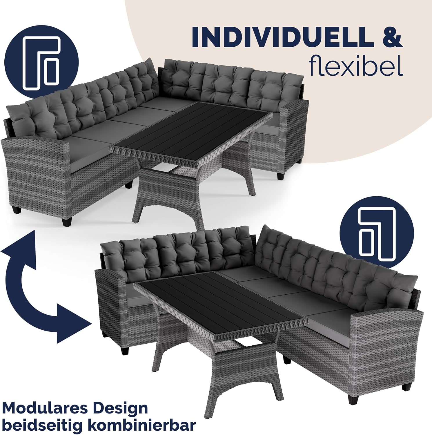 Casaria® Polyrattan Ecklounge Set WPC Esstisch Ecksofa inkl. 7 cm Sitzauflagen 15 cm Kissen Wetterfest Outdoor Lounge Garten Terrasse Balkon Möbel Grau — Ansicht 6