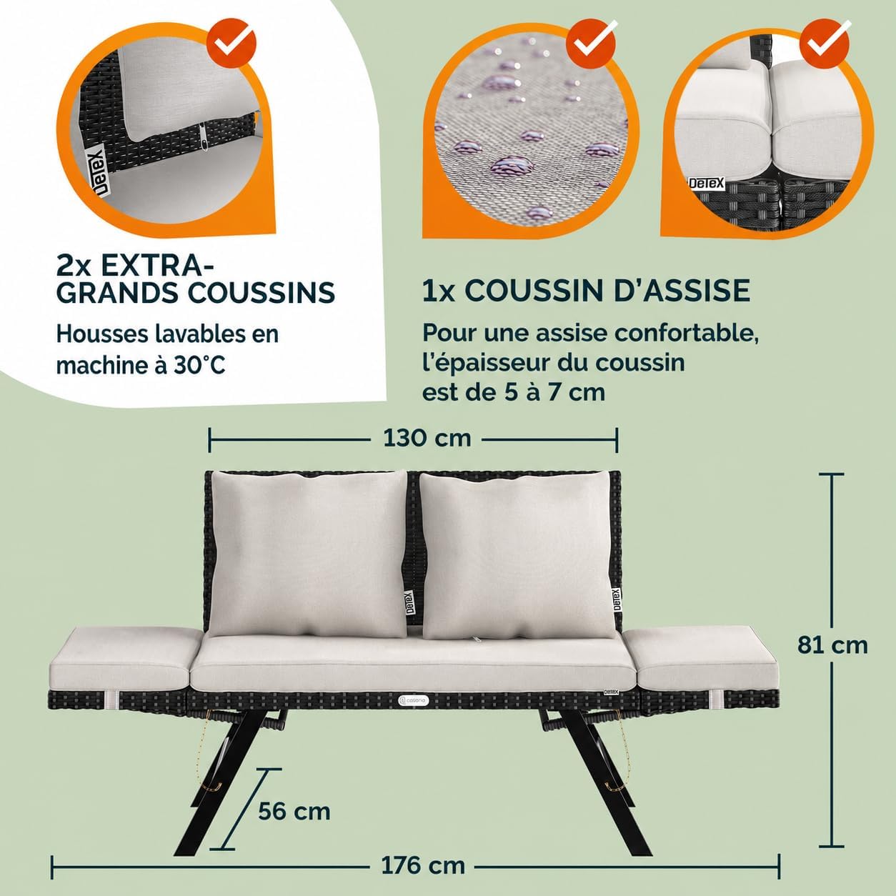 Casaria® Polyrattan Gartenbank mit Liegefunktion Auflage Kissen Verstellbare Armlehnen Wetterfest Draußen Garten Terrasse Balkon Bank Couch Liege Schwarz — Ansicht 2