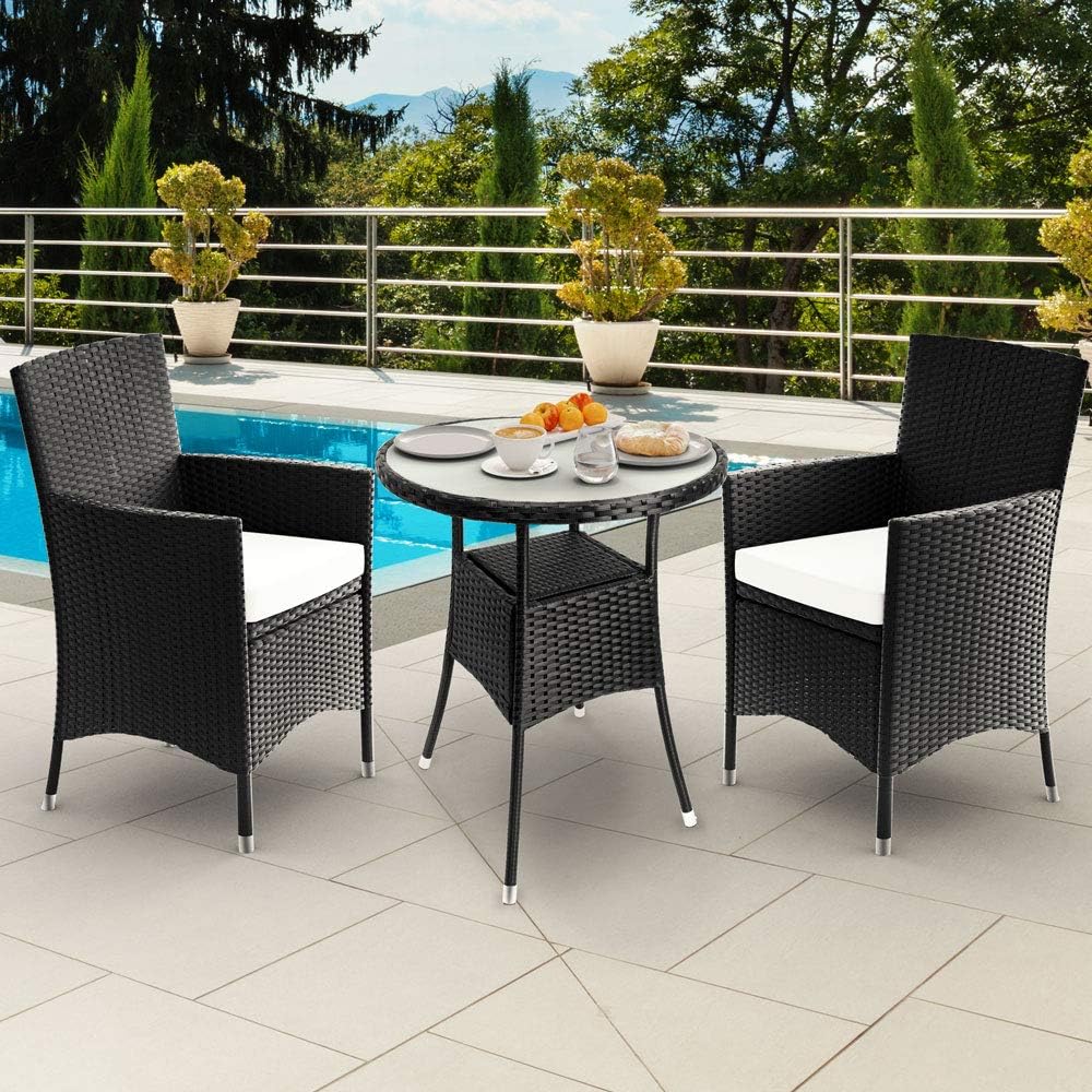 Casaria® Polyrattan Gartenmöbel mit Tisch 2 Stühle inkl. 7cm Auflagen 5mm Sicherheitsglas Wetterfest Modern Outdoor Terrasse Balkon Sitzgruppe Möbel Set — Ansicht 2