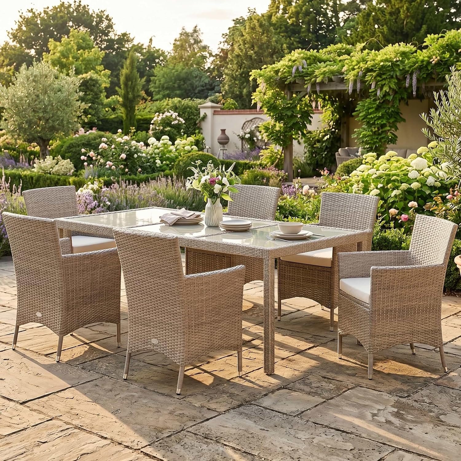 Casaria® Polyrattan Gartenmöbel Set 7teilig Stühle stapelbar inkl. 7cm Auflagen 190x90cm Gartentisch Terrasse Balkon Möbel Sitzgruppe Essgruppe Creme — Ansicht 2