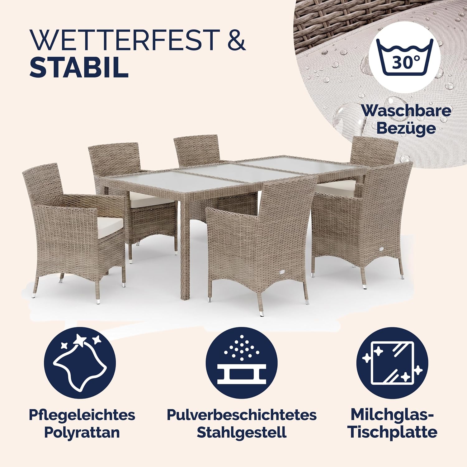 Casaria® Polyrattan Gartenmöbel Set 7teilig Stühle stapelbar inkl. 7cm Auflagen 190x90cm Gartentisch Terrasse Balkon Möbel Sitzgruppe Essgruppe Creme — Ansicht 3