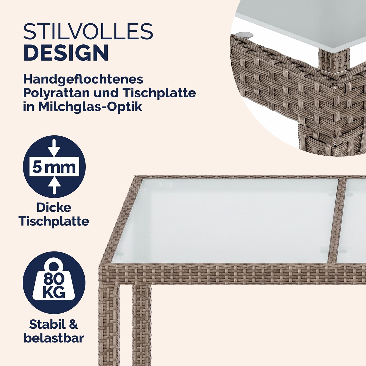 Casaria® Polyrattan Gartenmöbel Set 7teilig Stühle stapelbar inkl. 7cm Auflagen 190x90cm Gartentisch Terrasse Balkon Möbel Sitzgruppe Essgruppe Creme — Ansicht 4