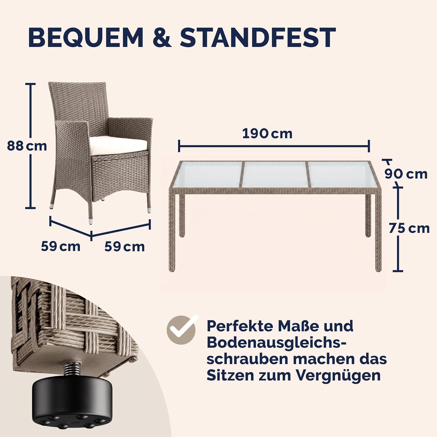Casaria® Polyrattan Gartenmöbel Set 7teilig Stühle stapelbar inkl. 7cm Auflagen 190x90cm Gartentisch Terrasse Balkon Möbel Sitzgruppe Essgruppe Creme — Ansicht 5