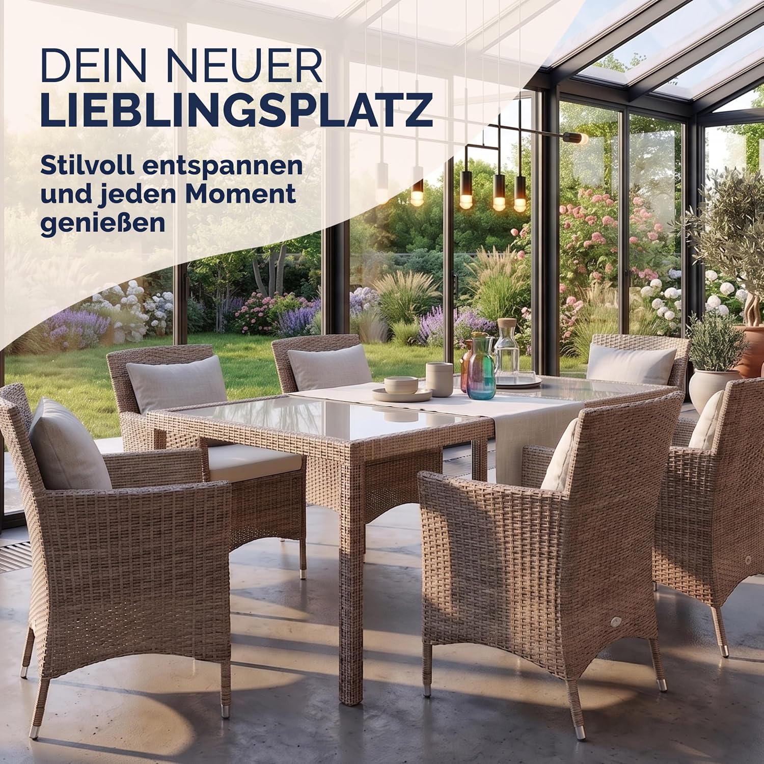 Casaria® Polyrattan Gartenmöbel Set 7teilig Stühle stapelbar inkl. 7cm Auflagen 190x90cm Gartentisch Terrasse Balkon Möbel Sitzgruppe Essgruppe Creme — Ansicht 6