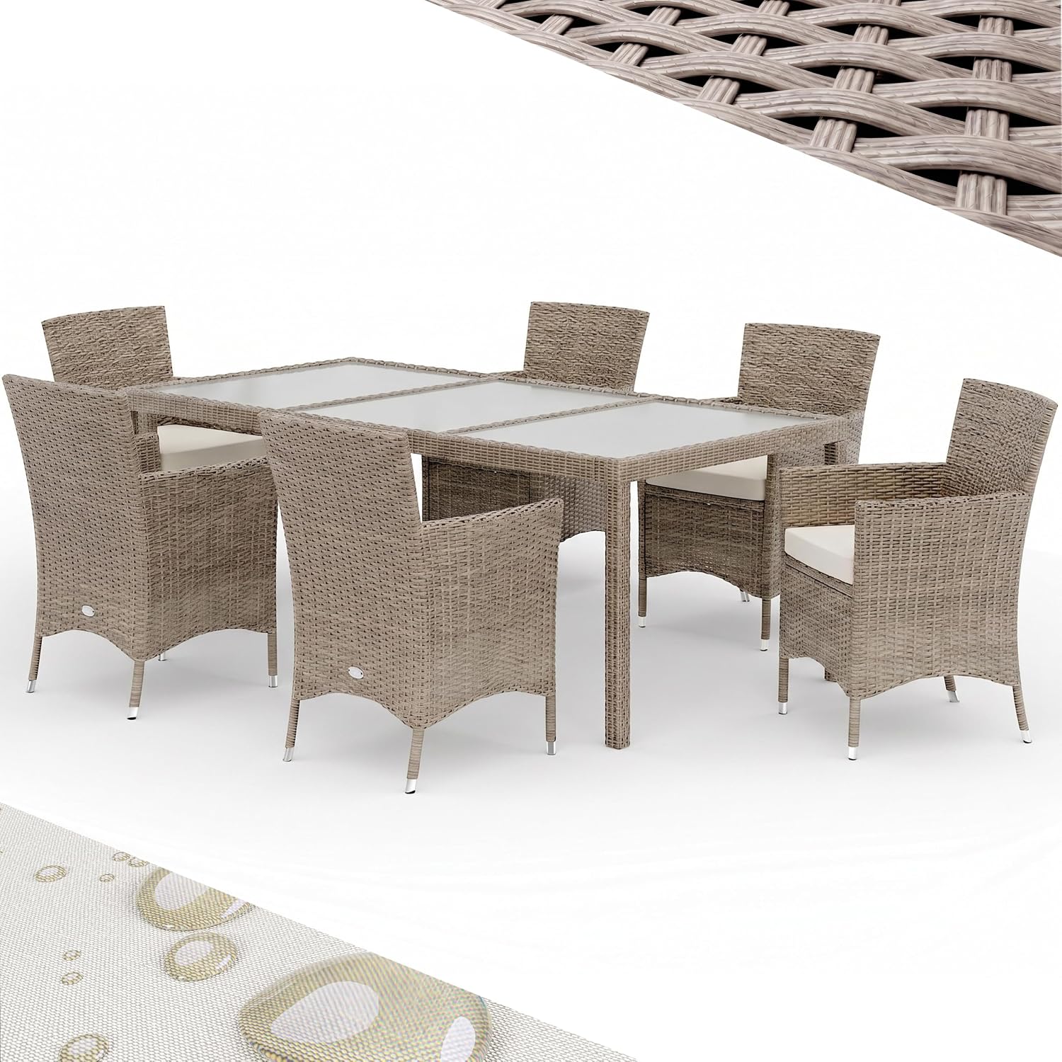 Casaria® Polyrattan Gartenmöbel Set 7teilig Stühle stapelbar inkl. 7cm Auflagen 190x90cm Gartentisch Terrasse Balkon Möbel Sitzgruppe Essgruppe Creme