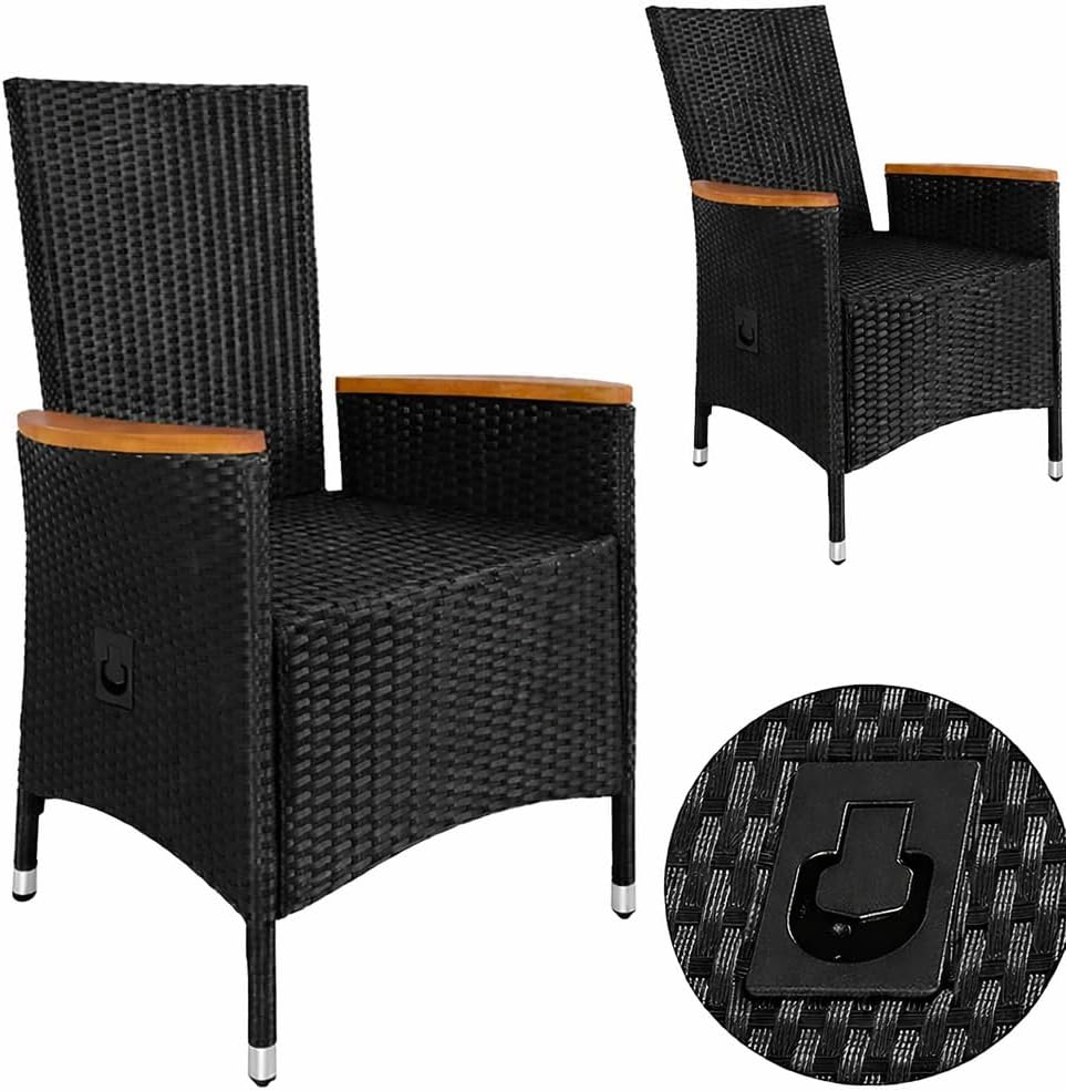 Casaria® Polyrattan Gartenstuhl 2er Set Neiglehner Rückenlehne verstellbar Armlehne Akazienholz Wetterfest Garten Balkon Terrasse Gartensessel Schwarz