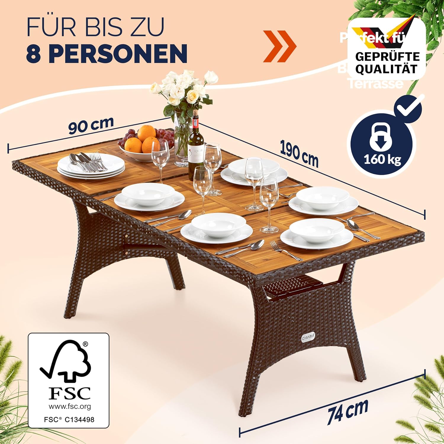 Casaria® Polyrattan Gartentisch mit Ablage FSC®- zertifiziertes Akazienholz 190x90 cm Höhenverstellbar Wetterfest Garten Terrasse Esstisch Tisch Braun — Ansicht 2
