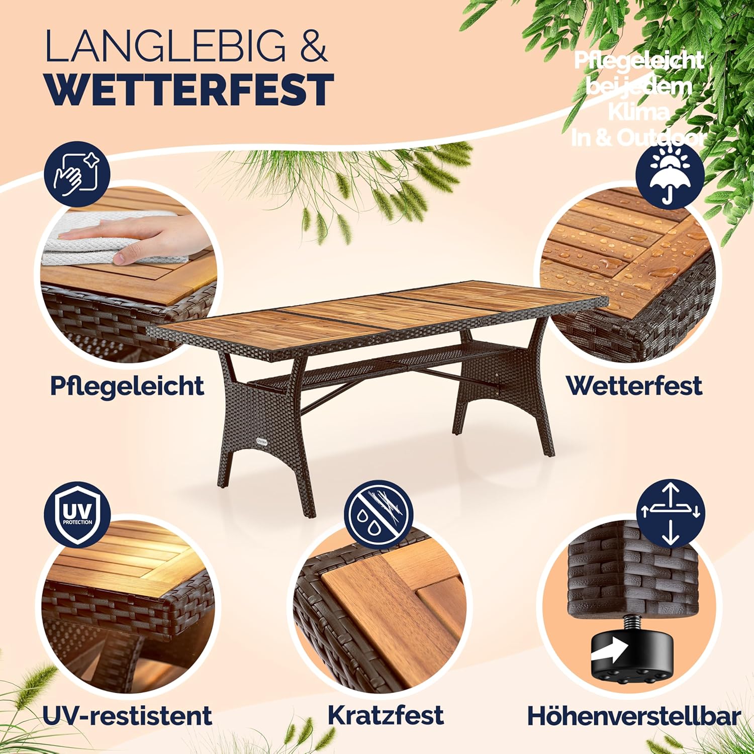 Casaria® Polyrattan Gartentisch mit Ablage FSC®- zertifiziertes Akazienholz 190x90 cm Höhenverstellbar Wetterfest Garten Terrasse Esstisch Tisch Braun — Ansicht 3