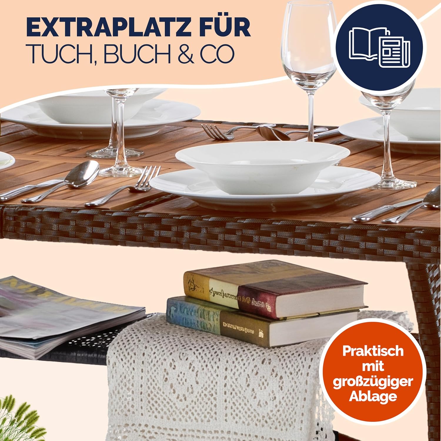Casaria® Polyrattan Gartentisch mit Ablage FSC®- zertifiziertes Akazienholz 190x90 cm Höhenverstellbar Wetterfest Garten Terrasse Esstisch Tisch Braun — Ansicht 4