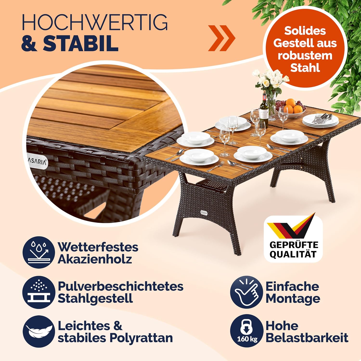 Casaria® Polyrattan Gartentisch mit Ablage FSC®- zertifiziertes Akazienholz 190x90 cm Höhenverstellbar Wetterfest Garten Terrasse Esstisch Tisch Braun — Ansicht 5