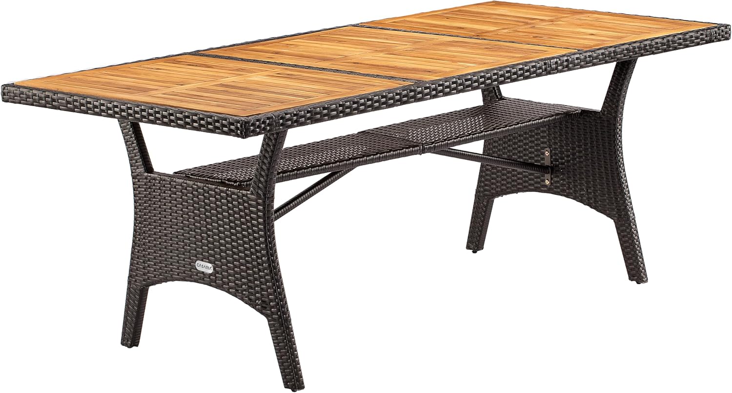 Casaria® Polyrattan Gartentisch mit Ablage FSC®- zertifiziertes Akazienholz 190x90 cm Höhenverstellbar Wetterfest Garten Terrasse Esstisch Tisch Braun