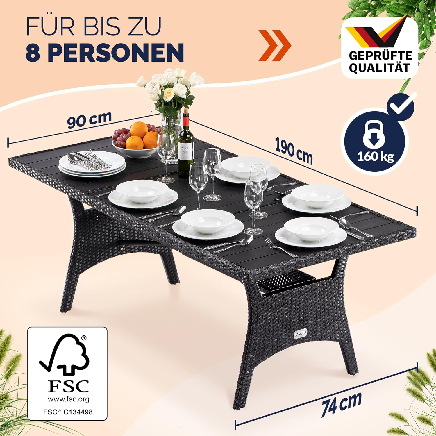 Casaria® Polyrattan Gartentisch Schwarz 190x90x74cm mit Ablage WPC-Tischplatte Höhenverstellbar Holzoptik Wetterfest Garten Terrasse Esstisch Gartenmöbel — Ansicht 2