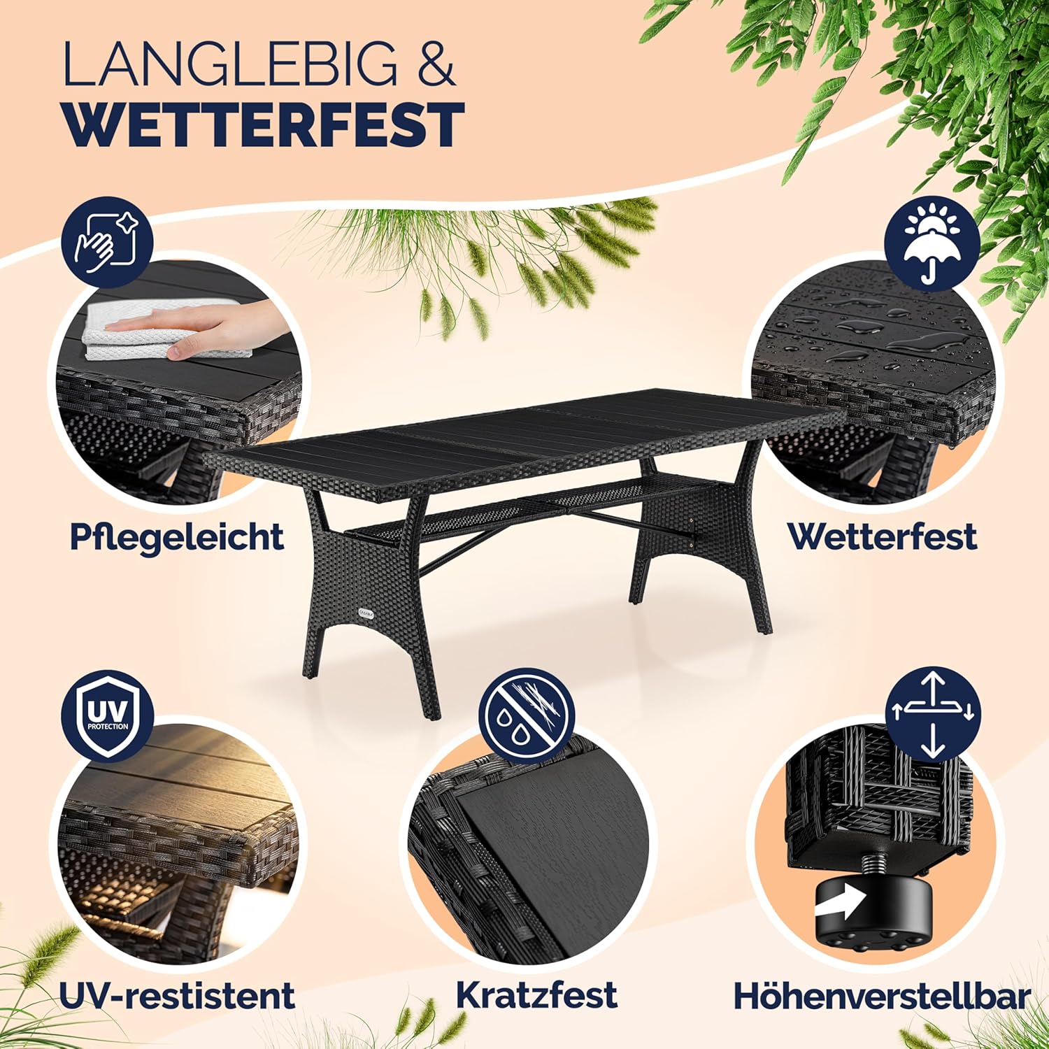Casaria® Polyrattan Gartentisch Schwarz 190x90x74cm mit Ablage WPC-Tischplatte Höhenverstellbar Holzoptik Wetterfest Garten Terrasse Esstisch Gartenmöbel — Ansicht 3