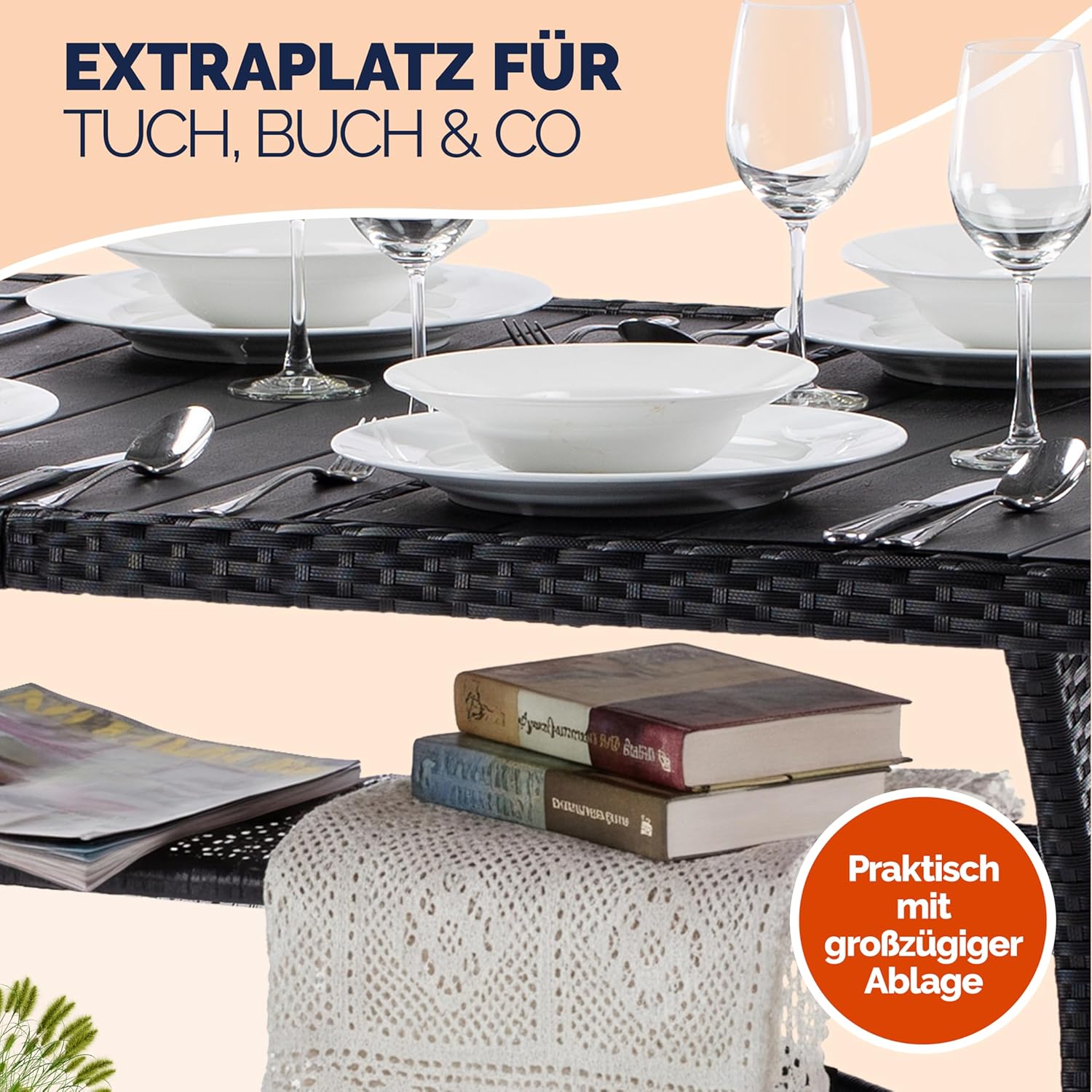 Casaria® Polyrattan Gartentisch Schwarz 190x90x74cm mit Ablage WPC-Tischplatte Höhenverstellbar Holzoptik Wetterfest Garten Terrasse Esstisch Gartenmöbel — Ansicht 4
