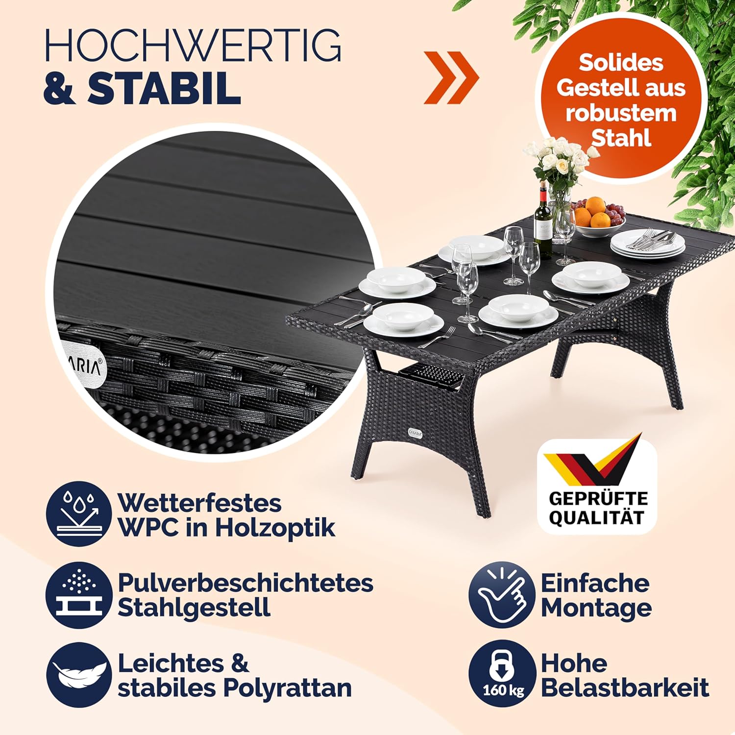 Casaria® Polyrattan Gartentisch Schwarz 190x90x74cm mit Ablage WPC-Tischplatte Höhenverstellbar Holzoptik Wetterfest Garten Terrasse Esstisch Gartenmöbel — Ansicht 5