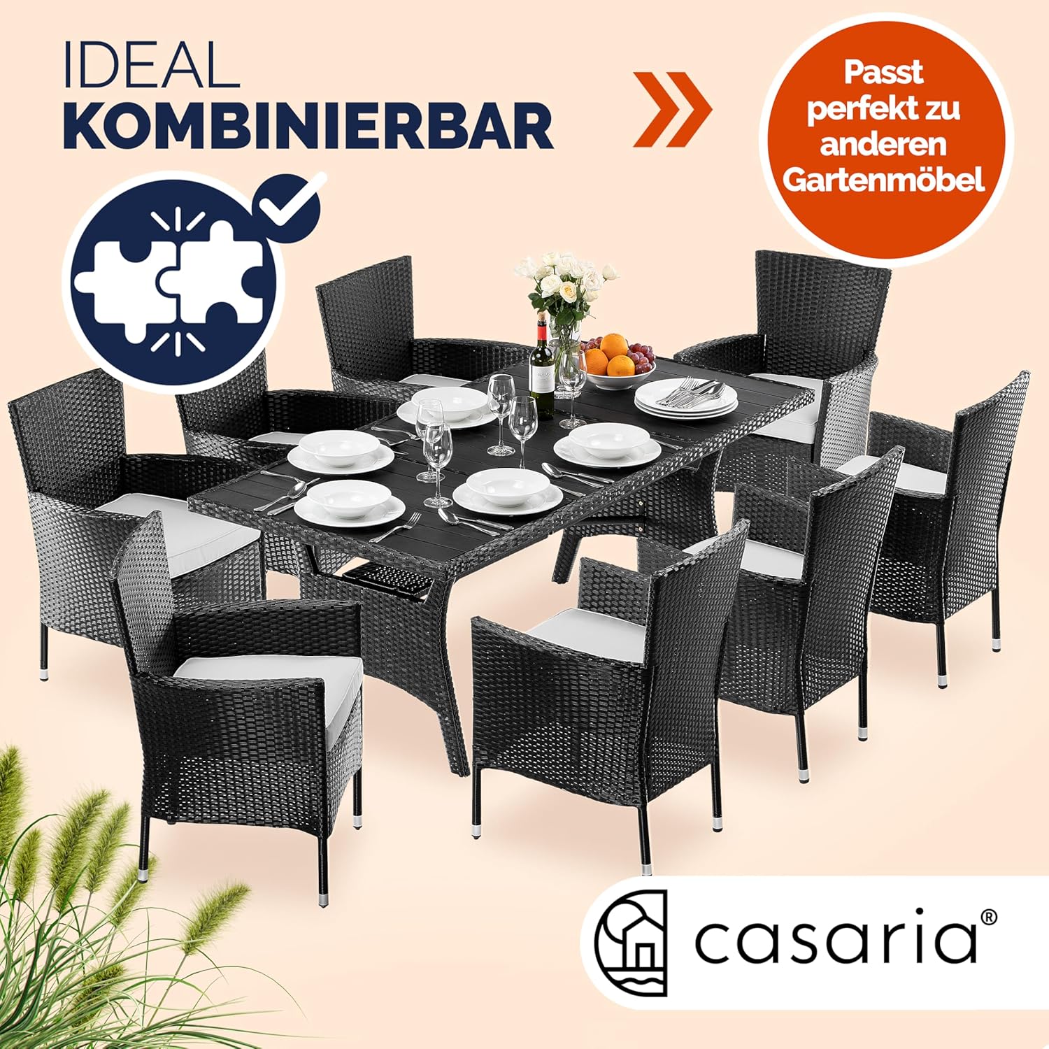 Casaria® Polyrattan Gartentisch Schwarz 190x90x74cm mit Ablage WPC-Tischplatte Höhenverstellbar Holzoptik Wetterfest Garten Terrasse Esstisch Gartenmöbel — Ansicht 6