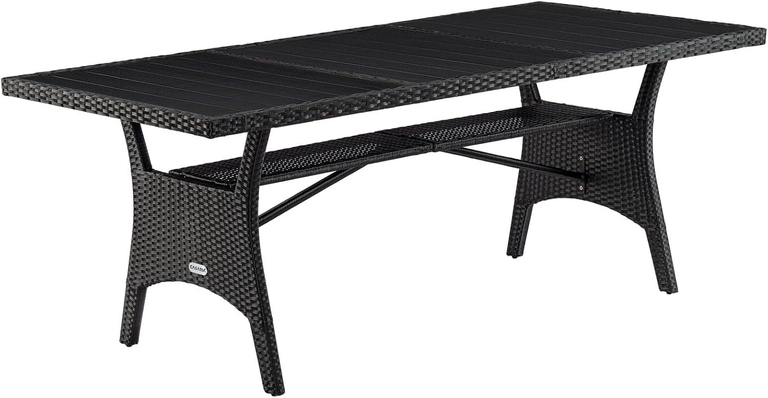 Casaria® Polyrattan Gartentisch Schwarz 190x90x74cm mit Ablage WPC-Tischplatte Höhenverstellbar Holzoptik Wetterfest Garten Terrasse Esstisch Gartenmöbel