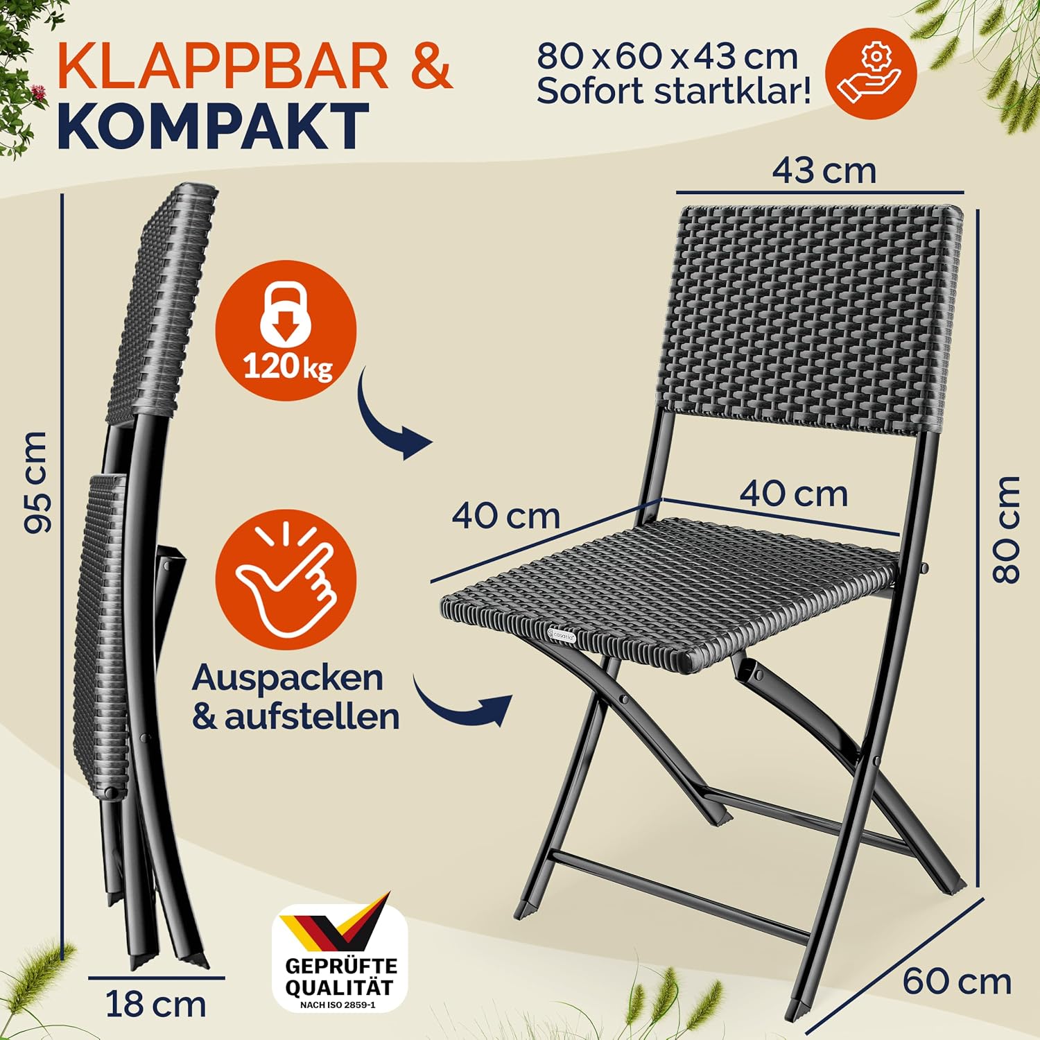 Casaria® Polyrattan Klappstuhl 2er Set Anthrazit leicht faltbar bis 120kg belastbar tragbar wetterfest Stuhl Sessel Balkon Terrasse Garten Camping Stuhl Sessel — Ansicht 3