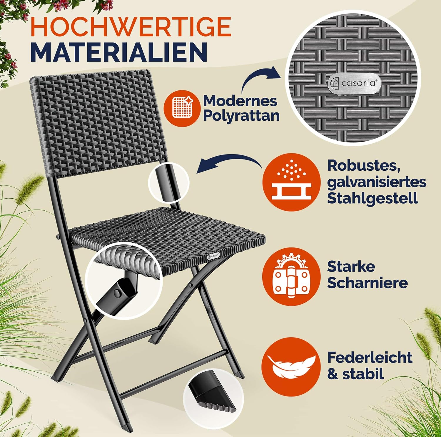 Casaria® Polyrattan Klappstuhl 2er Set Anthrazit leicht faltbar bis 120kg belastbar tragbar wetterfest Stuhl Sessel Balkon Terrasse Garten Camping Stuhl Sessel — Ansicht 5