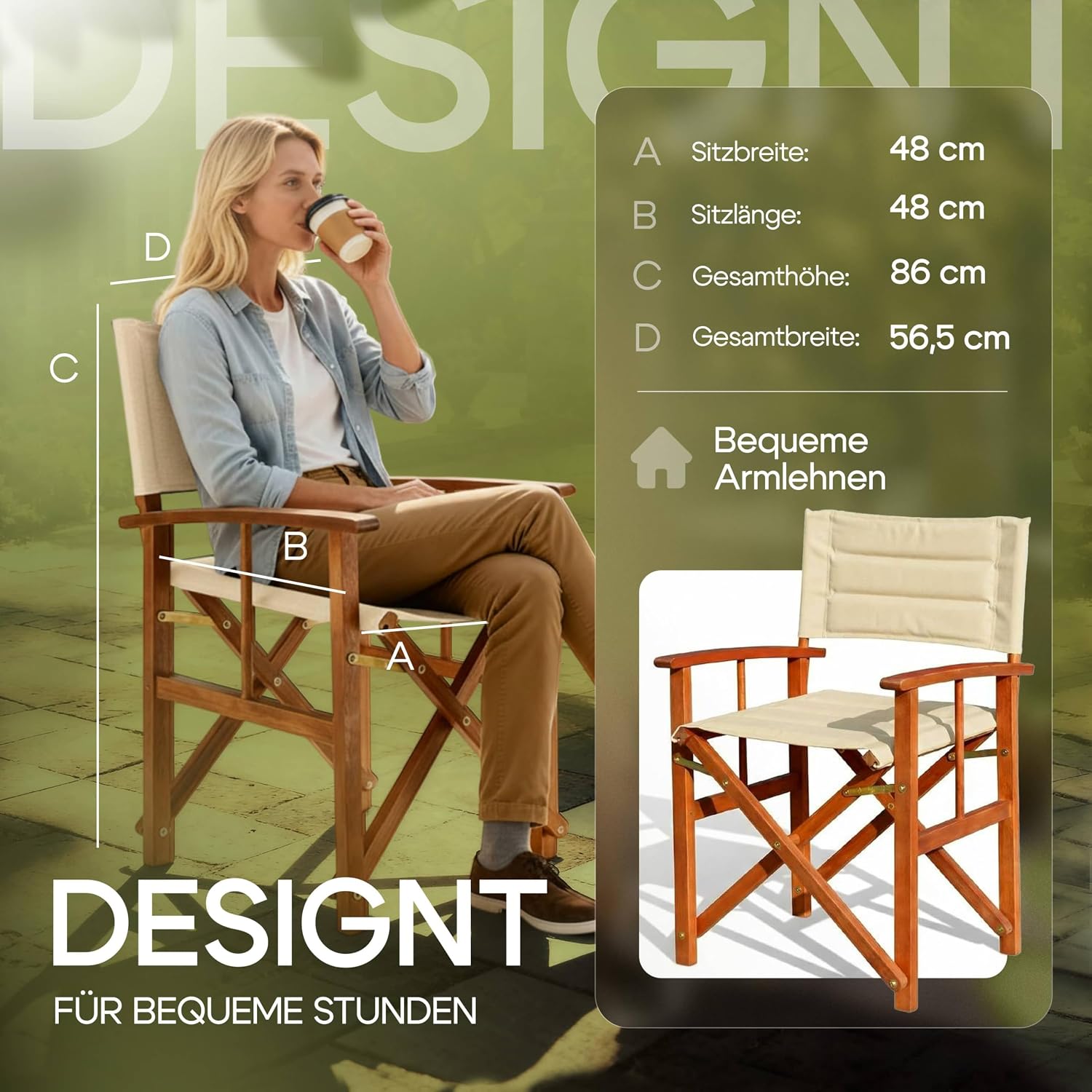 Casaria® Premium Regiestuhl aus FSC®-zertifiziertem Eukalyptusholz - Gepolsterter Klappstuhl mit Armlehnen, waschbarem Bezug & extra Sitzkomfort, bis 160 kg belastbar — Ansicht 2