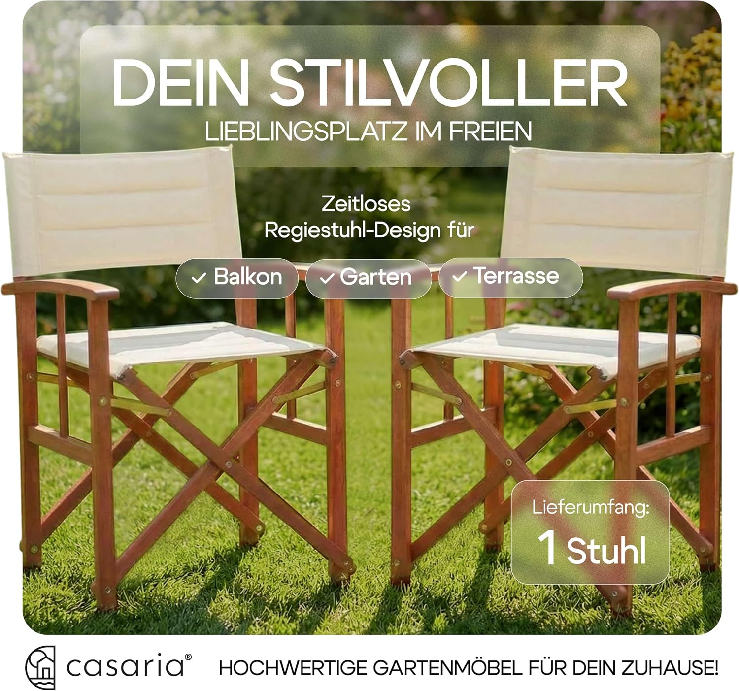 Casaria® Premium Regiestuhl aus FSC®-zertifiziertem Eukalyptusholz - Gepolsterter Klappstuhl mit Armlehnen, waschbarem Bezug & extra Sitzkomfort, bis 160 kg belastbar — Ansicht 3