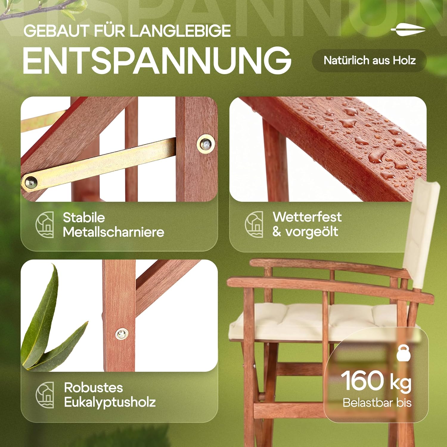 Casaria® Premium Regiestuhl aus FSC®-zertifiziertem Eukalyptusholz - Gepolsterter Klappstuhl mit Armlehnen, waschbarem Bezug & extra Sitzkomfort, bis 160 kg belastbar — Ansicht 4