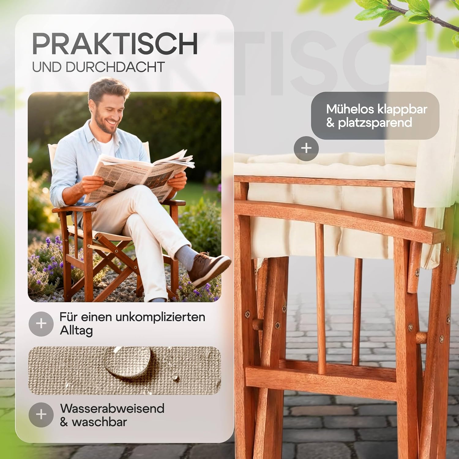 Casaria® Premium Regiestuhl aus FSC®-zertifiziertem Eukalyptusholz - Gepolsterter Klappstuhl mit Armlehnen, waschbarem Bezug & extra Sitzkomfort, bis 160 kg belastbar — Ansicht 5
