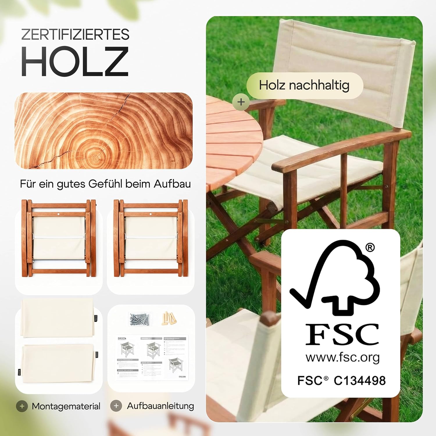 Casaria® Premium Regiestuhl aus FSC®-zertifiziertem Eukalyptusholz - Gepolsterter Klappstuhl mit Armlehnen, waschbarem Bezug & extra Sitzkomfort, bis 160 kg belastbar — Ansicht 6