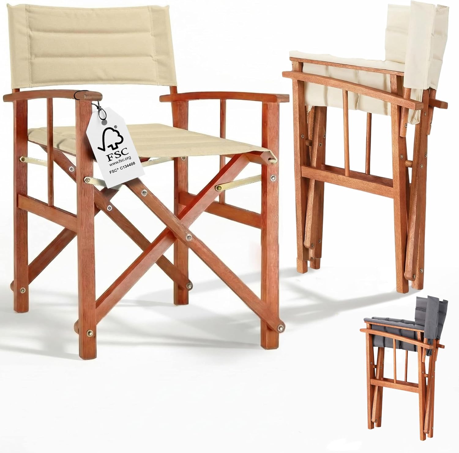 Casaria® Premium Regiestuhl aus FSC®-zertifiziertem Eukalyptusholz - Gepolsterter Klappstuhl mit Armlehnen, waschbarem Bezug & extra Sitzkomfort, bis 160 kg belastbar