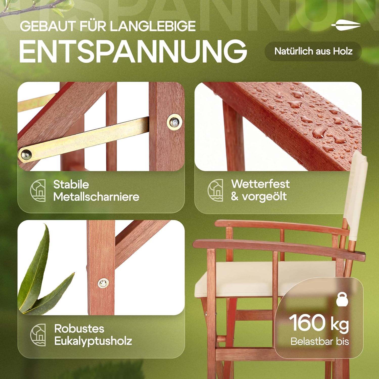 Casaria® Regiestuhl 2er Set aus FSC® Eukalyptusholz - Klappbarer Gartenstuhl mit Armlehnen, waschbarem Bezug & 46 cm Sitzhöhe, bis 160 kg belastbar - Holzstuhl für Balkon, Terrasse & Camping — Ansicht 4