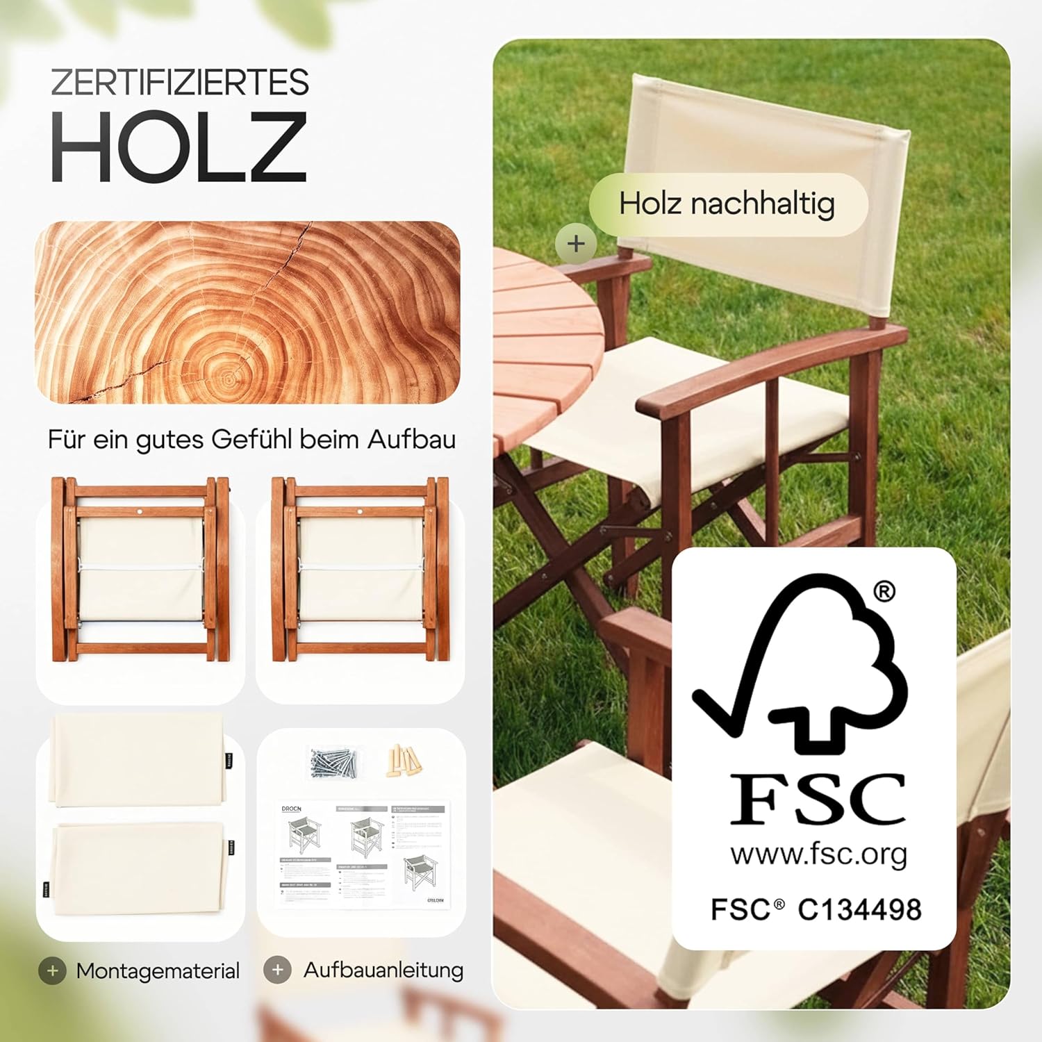 Casaria® Regiestuhl 2er Set aus FSC® Eukalyptusholz - Klappbarer Gartenstuhl mit Armlehnen, waschbarem Bezug & 46 cm Sitzhöhe, bis 160 kg belastbar - Holzstuhl für Balkon, Terrasse & Camping — Ansicht 6