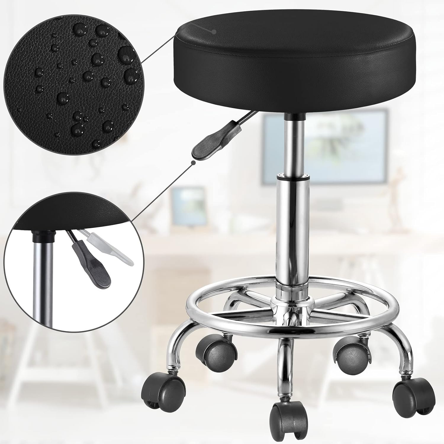 Casaria® Rollhocker 2er Set Höhenverstellbar Schwarz 10cm Polsterung 51-65cm Sitzhöhe 360° Drehbar Ø35cm Rund Büro Hocker Drehhocker Arbeitshocker — Ansicht 6