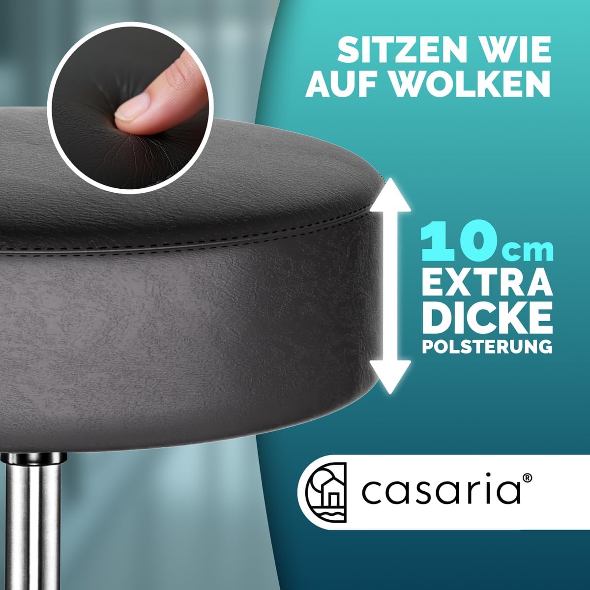 Casaria® Rollhocker Höhenverstellbar Schwarz 10cm Polsterung 46-60cm Sitzhöhe 360° Drehbar Ø35cm Rund Rollen Bürohocker Drehhocker Arbeitshocker Hocker — Ansicht 3