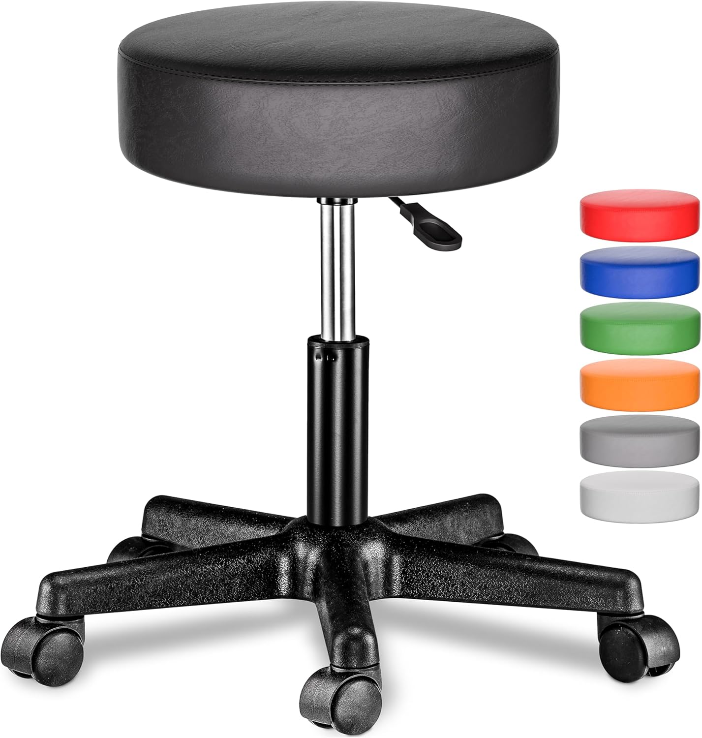 Casaria® Rollhocker Höhenverstellbar Schwarz 10cm Polsterung 46-60cm Sitzhöhe 360° Drehbar Ø35cm Rund Rollen Bürohocker Drehhocker Arbeitshocker Hocker