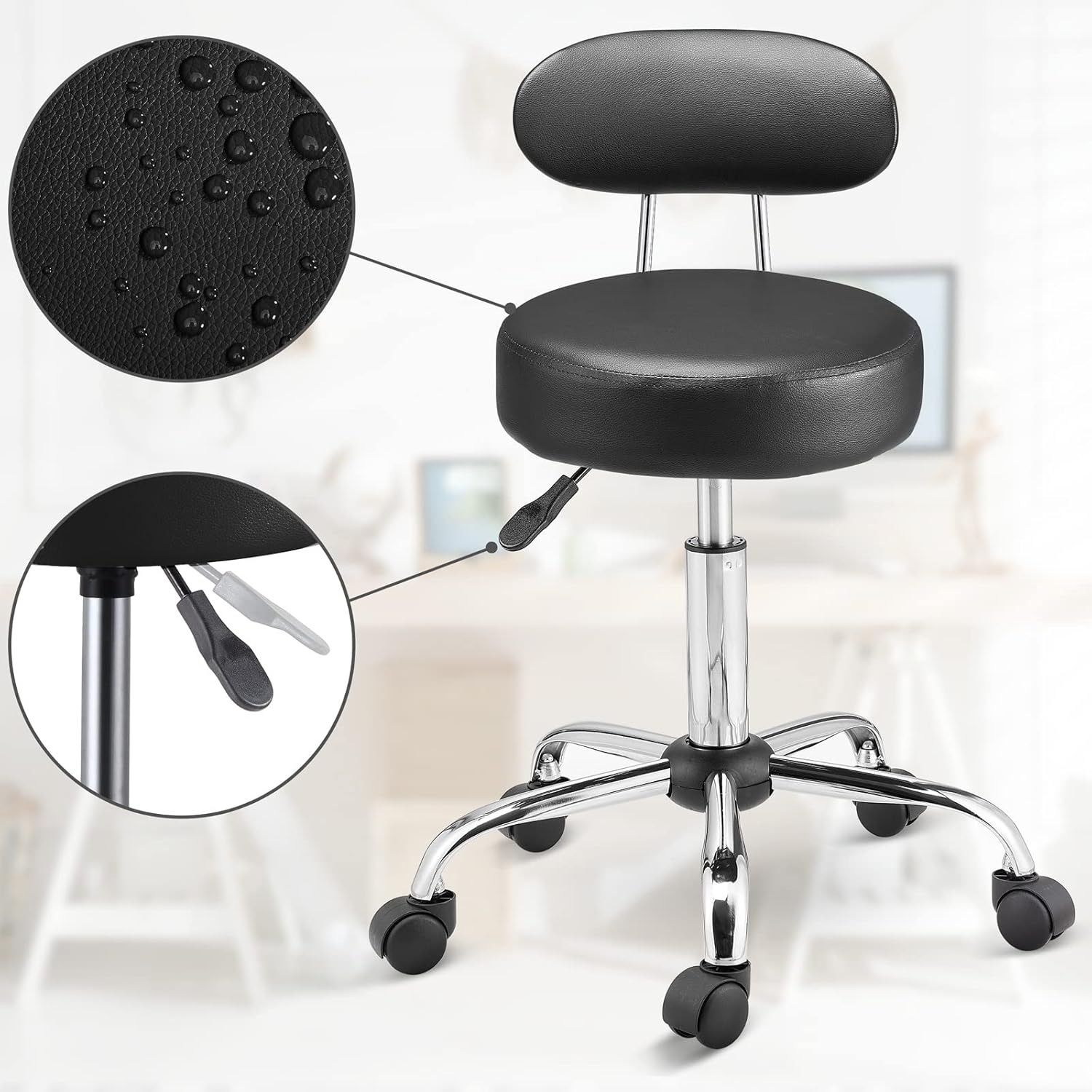 Casaria® Rollhocker mit Lehne Höhenverstellbar 10cm Polsterung 360°C Drehbar 46-60cm Sitzhöhe Küche Bürohocker Drehhocker Arbeitshocker Hocker Schwarz — Ansicht 6