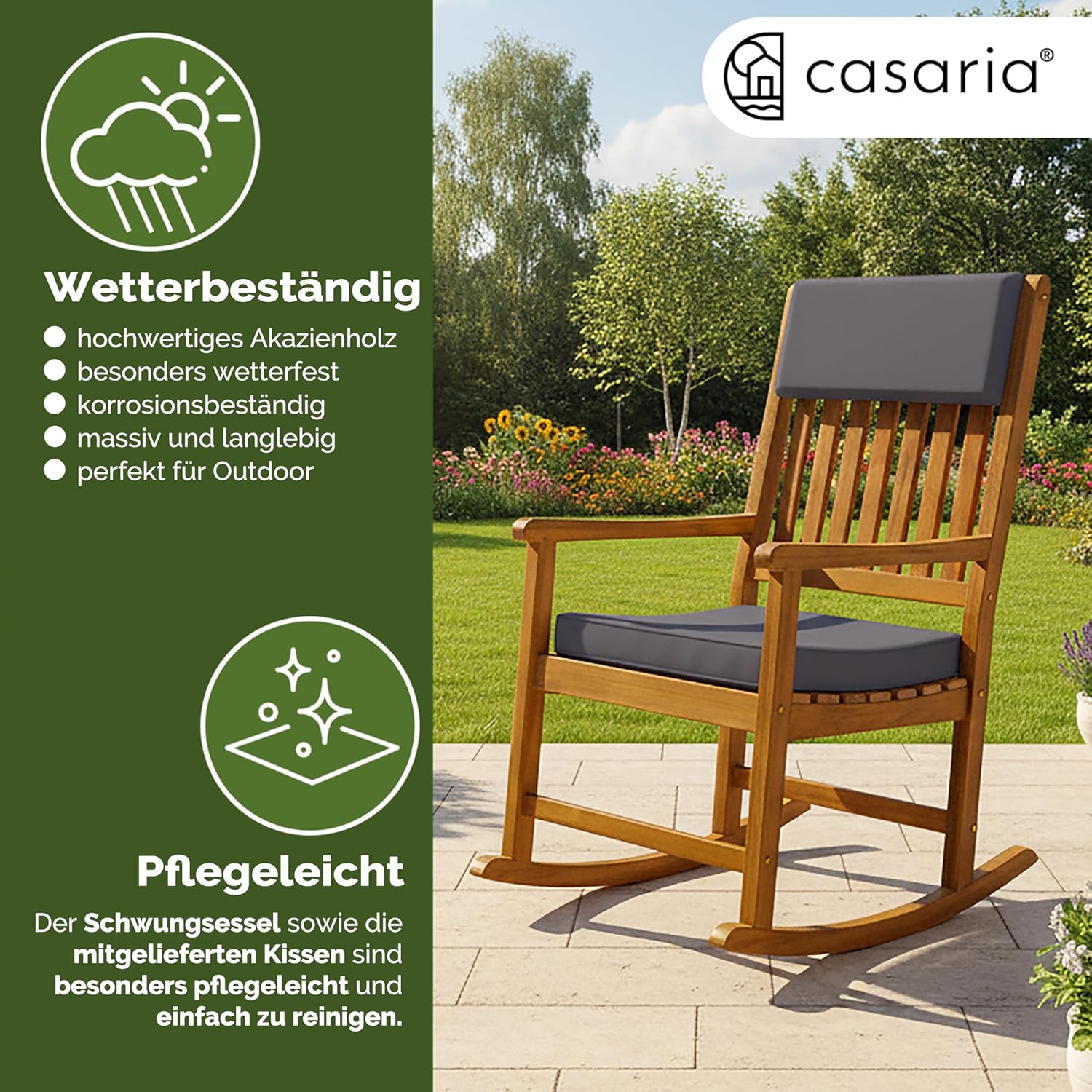 Casaria® Schaukelstuhl Gartenstuhl Holz Anthrazit 160kg Belastbar Bezug 30° Waschbar Armlehne Schaukelsessel Garten Balkon Stuhl Wetterfest Schwingsessel Akazie — Ansicht 4