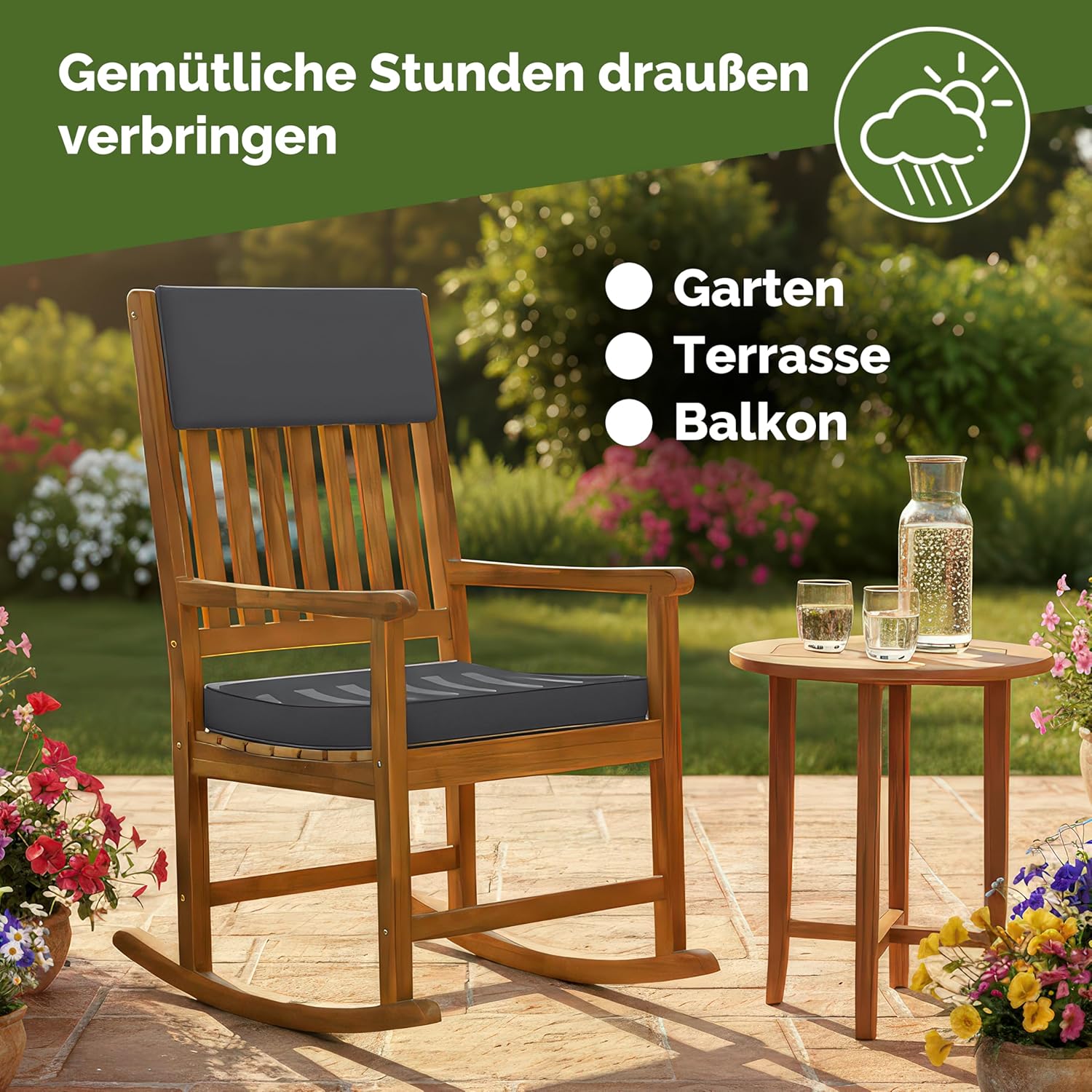 Casaria® Schaukelstuhl Gartenstuhl Holz Anthrazit 160kg Belastbar Bezug 30° Waschbar Armlehne Schaukelsessel Garten Balkon Stuhl Wetterfest Schwingsessel Akazie — Ansicht 5