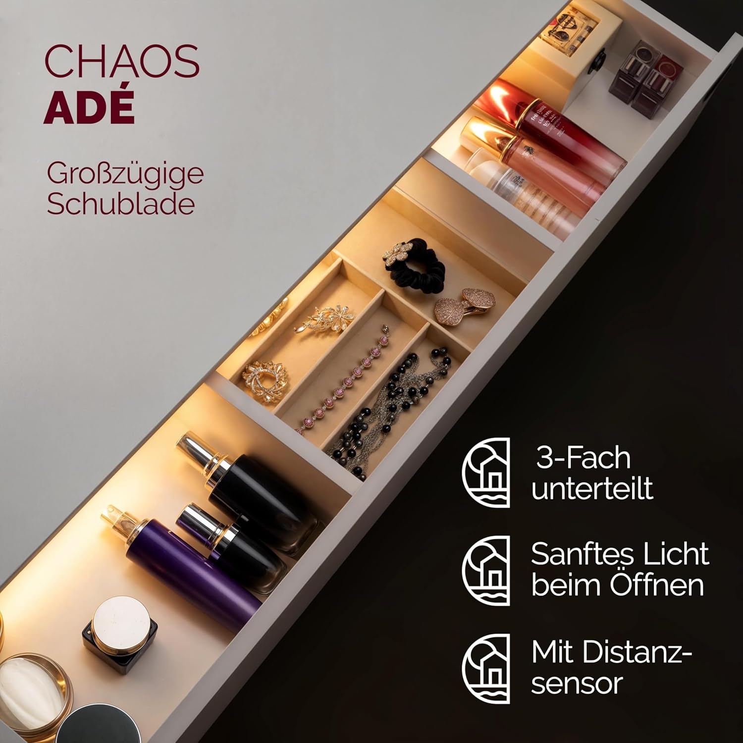 Casaria® Schminktisch mit Spiegel LED Beleuchtung Fernbedienung Schublade Beleuchtet Organizer Weiß Frisiertisch Ablagen 110x40cm Kosmetiktisch Holz — Ansicht 3
