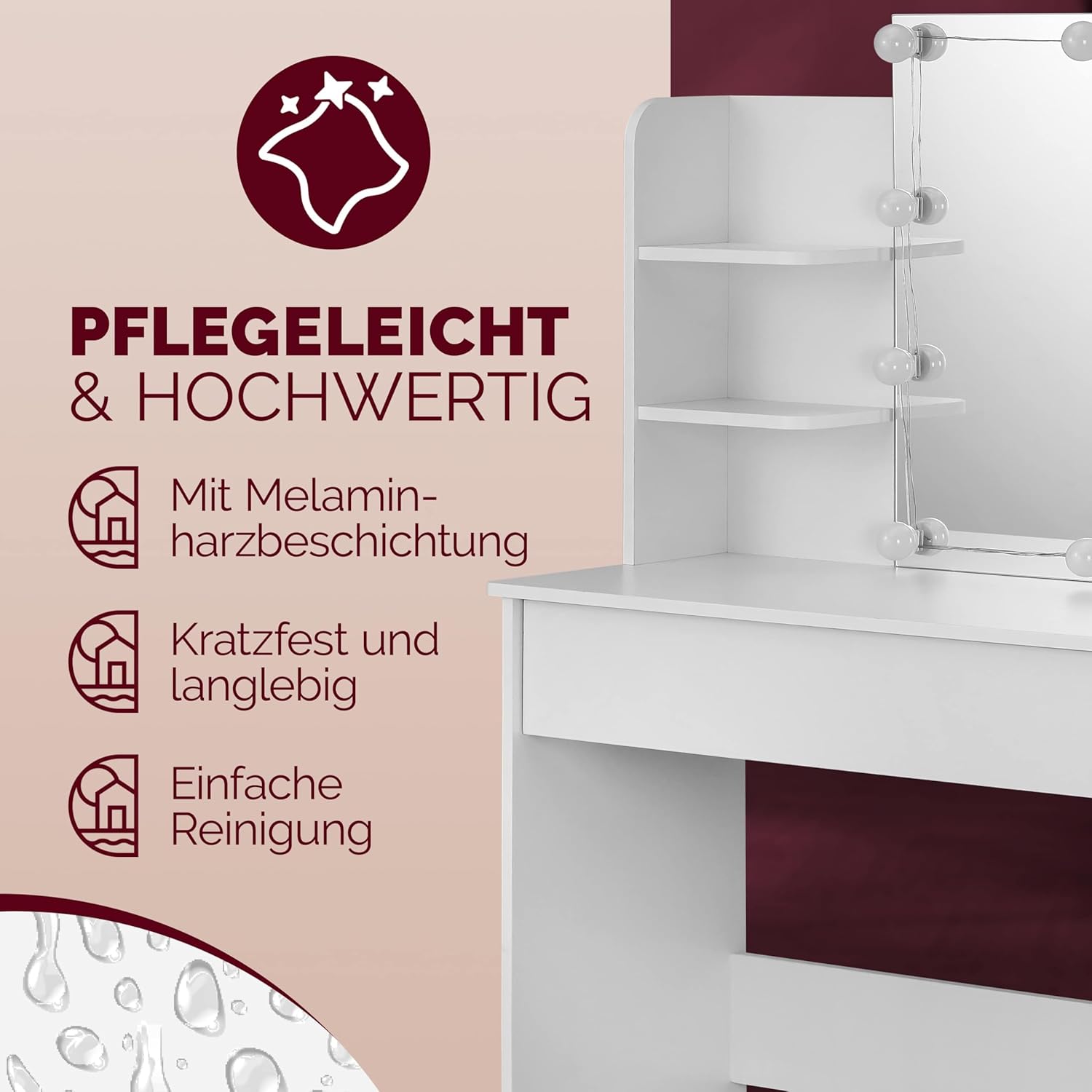 Casaria® Schminktisch mit Spiegel LED Beleuchtung Fernbedienung Schublade Beleuchtet Organizer Weiß Frisiertisch Ablagen 110x40cm Kosmetiktisch Holz — Ansicht 5