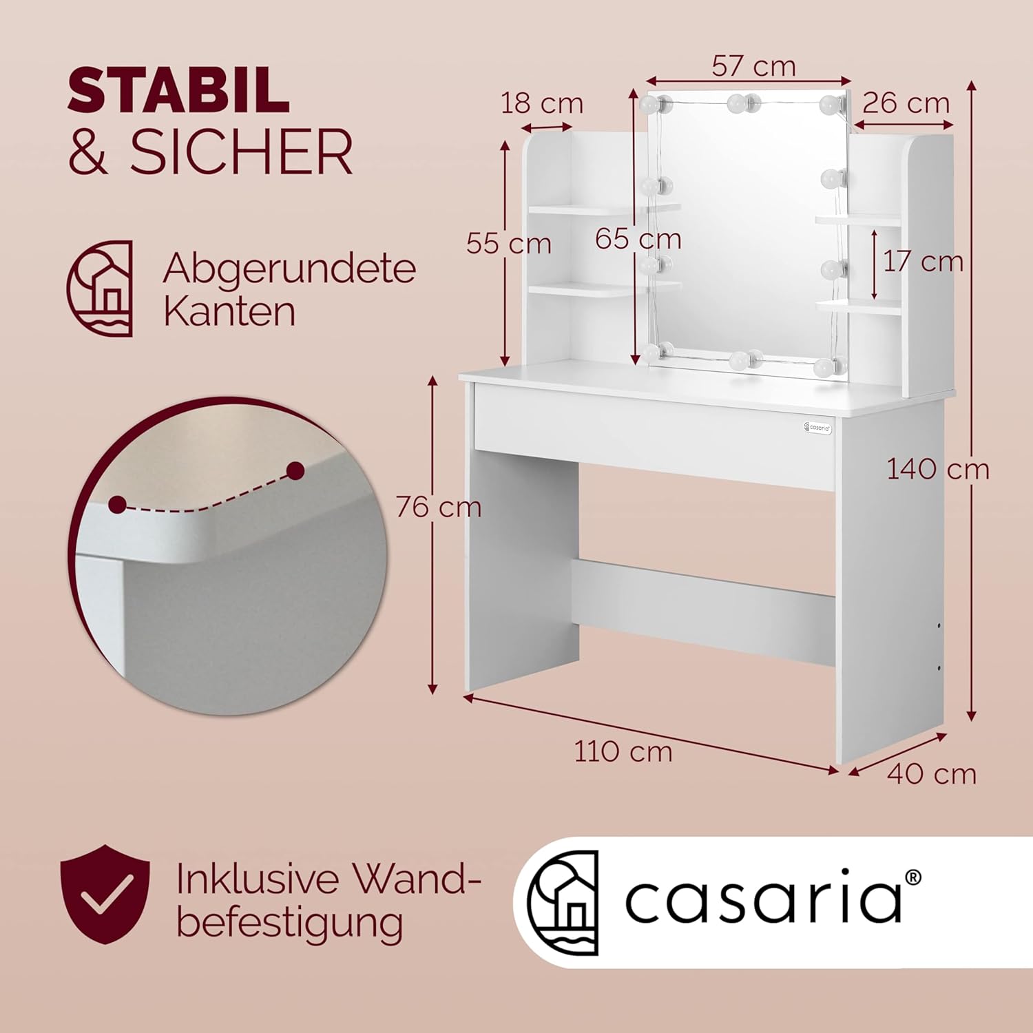 Casaria® Schminktisch mit Spiegel LED Beleuchtung Fernbedienung Schublade Beleuchtet Organizer Weiß Frisiertisch Ablagen 110x40cm Kosmetiktisch Holz — Ansicht 6