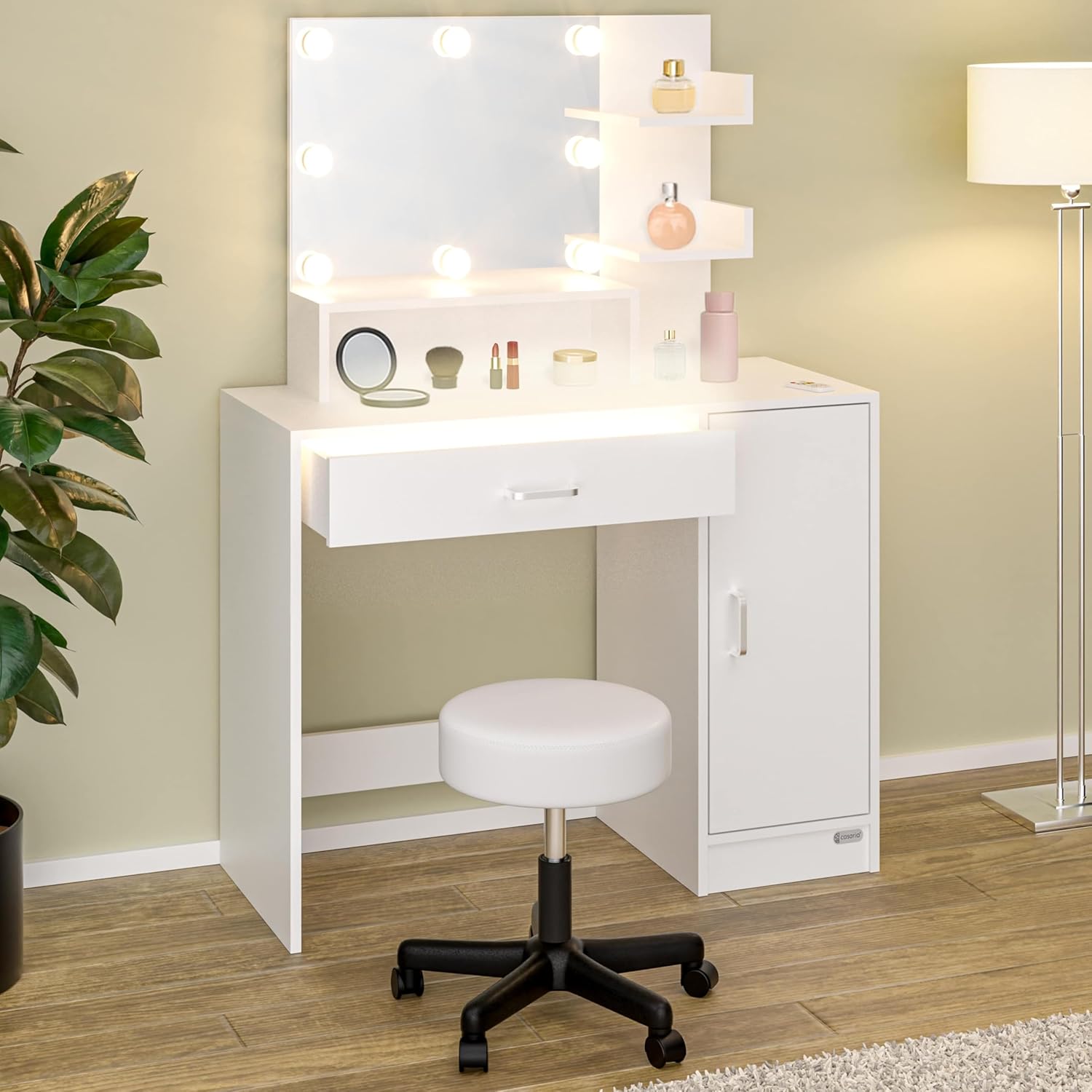 Casaria® Schminktisch mit Spiegel und Hocker inkl. LED Beleuchtung Schrank Schublade Regale Kosmetiktisch Make-up Fernbedienung 90x40cm Holz Weiß