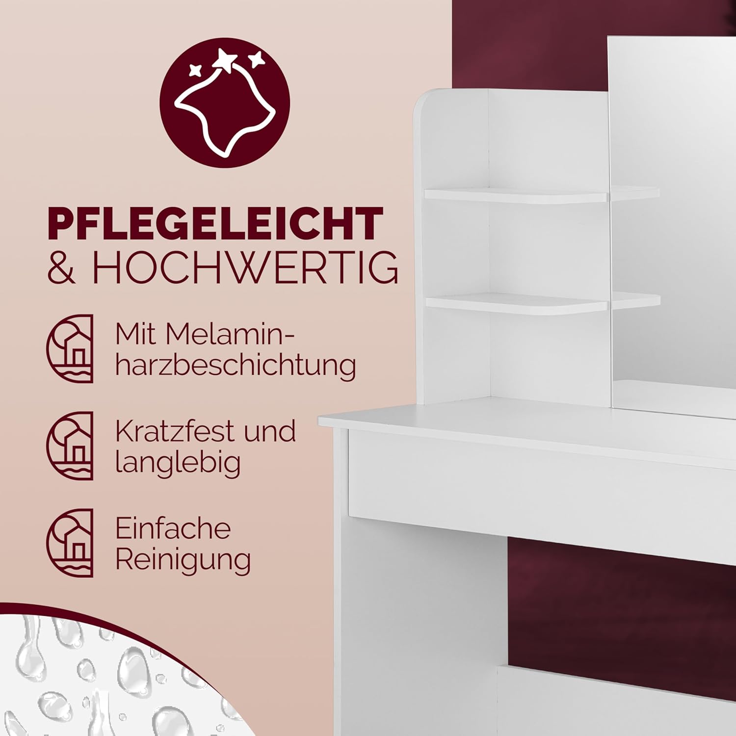 Casaria® Schminktisch mit Spiegel Weiß Schublade mit Beleuchtung Distanzsensor Kosmetiktisch mit Hocker Frisiertisch 110cm breit Make-Up-Tisch Holz — Ansicht 6