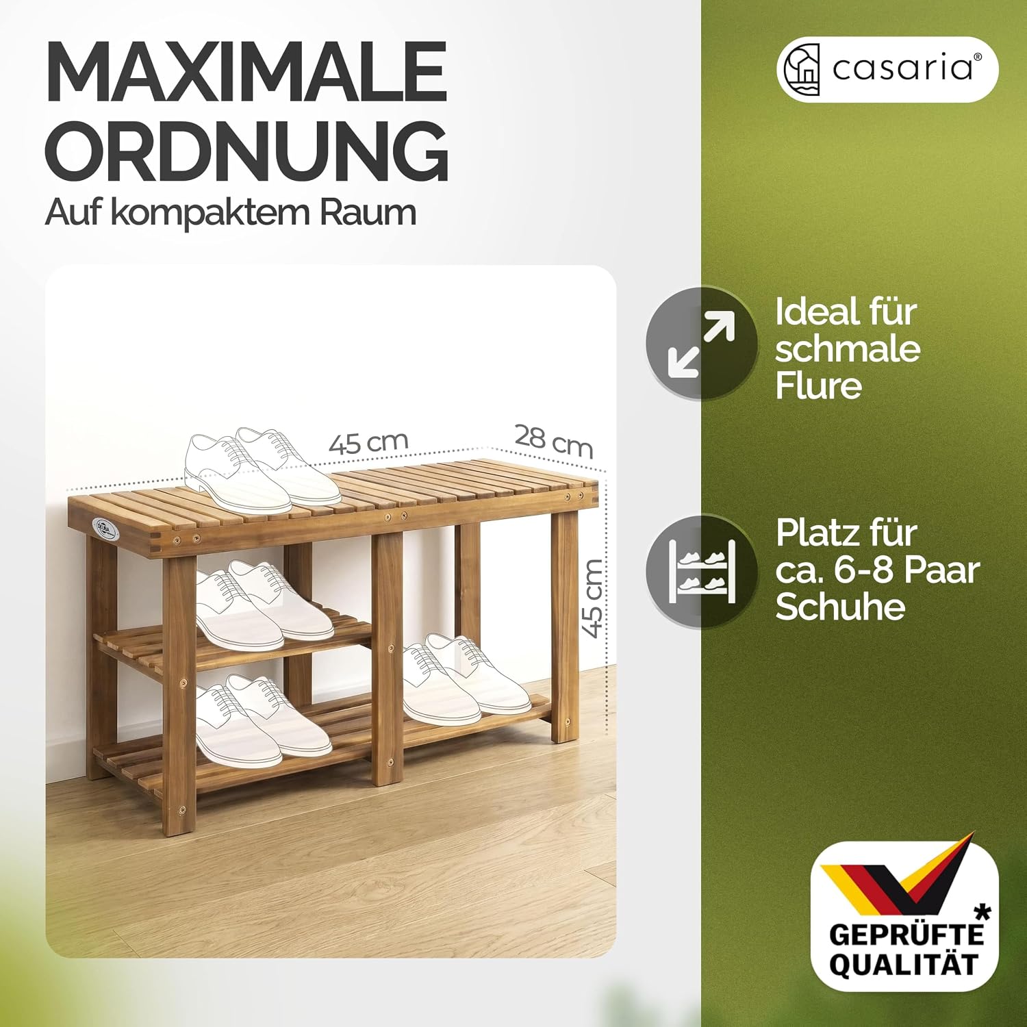 Casaria Schuhbank mit Sitzfläche 87 x 45 x 30 cm 160kg Belastbarkeit 3 Ebenen Akazie Holz Massiv Flur Diele Bad Sitzbank Schuhregal Schuhschrank Braun — Ansicht 3