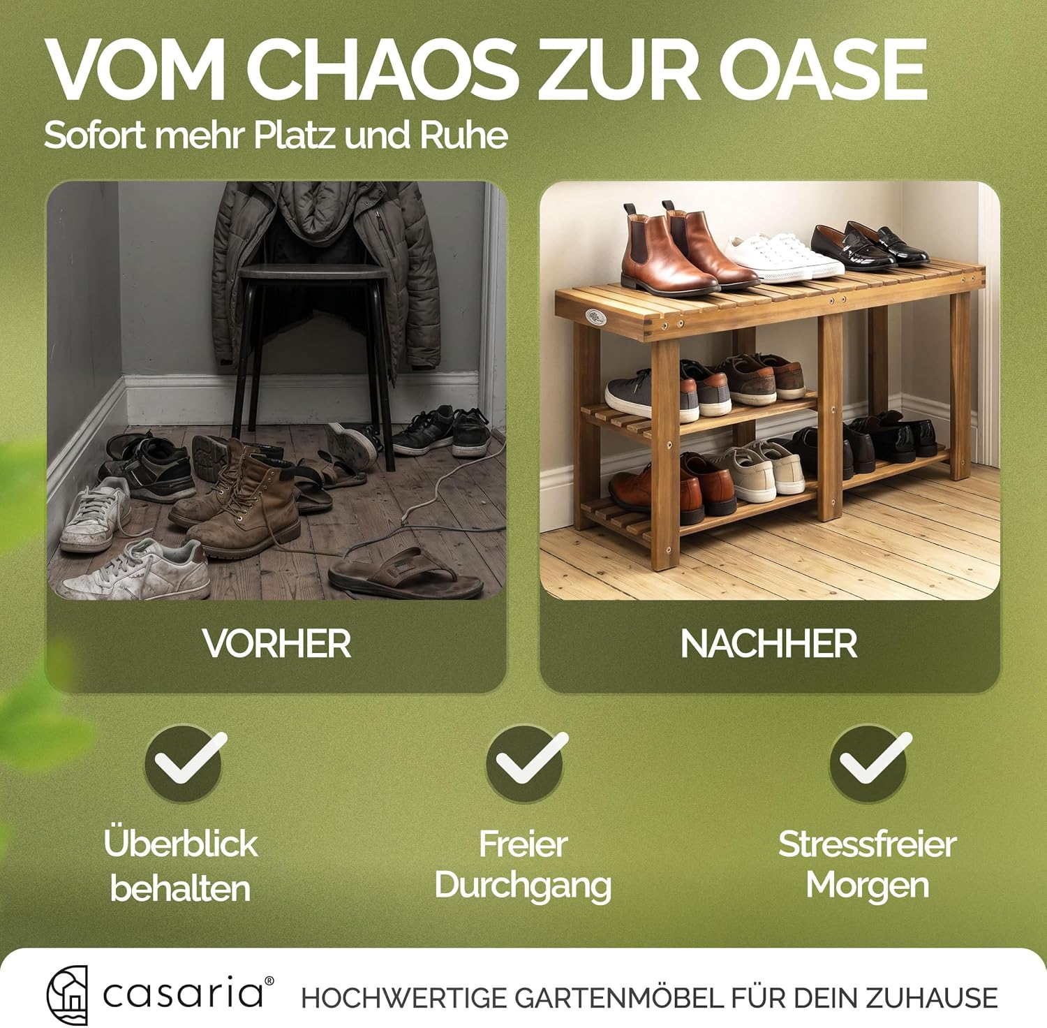 Casaria Schuhbank mit Sitzfläche 87 x 45 x 30 cm 160kg Belastbarkeit 3 Ebenen Akazie Holz Massiv Flur Diele Bad Sitzbank Schuhregal Schuhschrank Braun — Ansicht 6